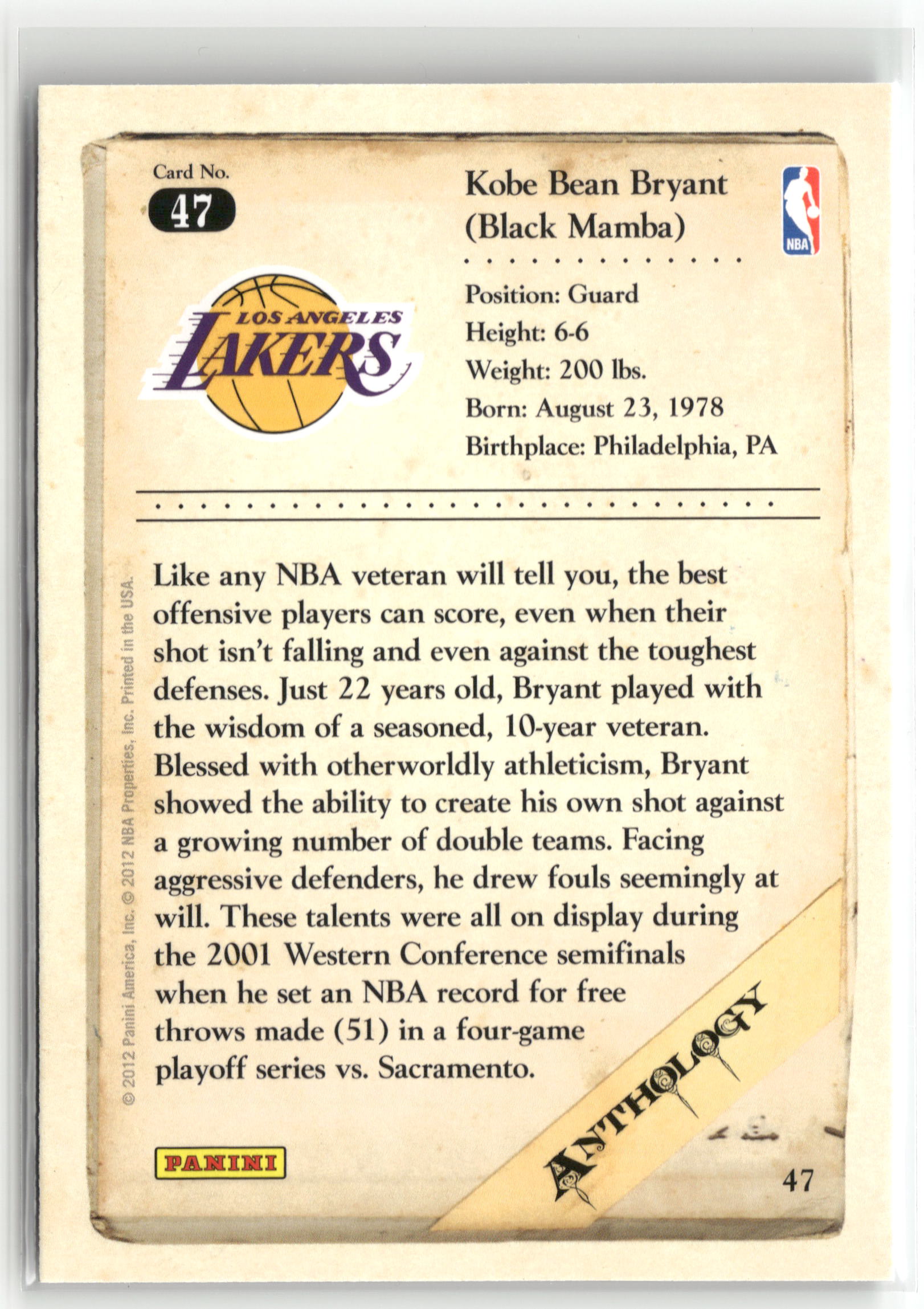 Basketball NBA Kobe Bryant 2012 Panini Kobe Anthology #47 Los Angeles Lakers Trading Card Original