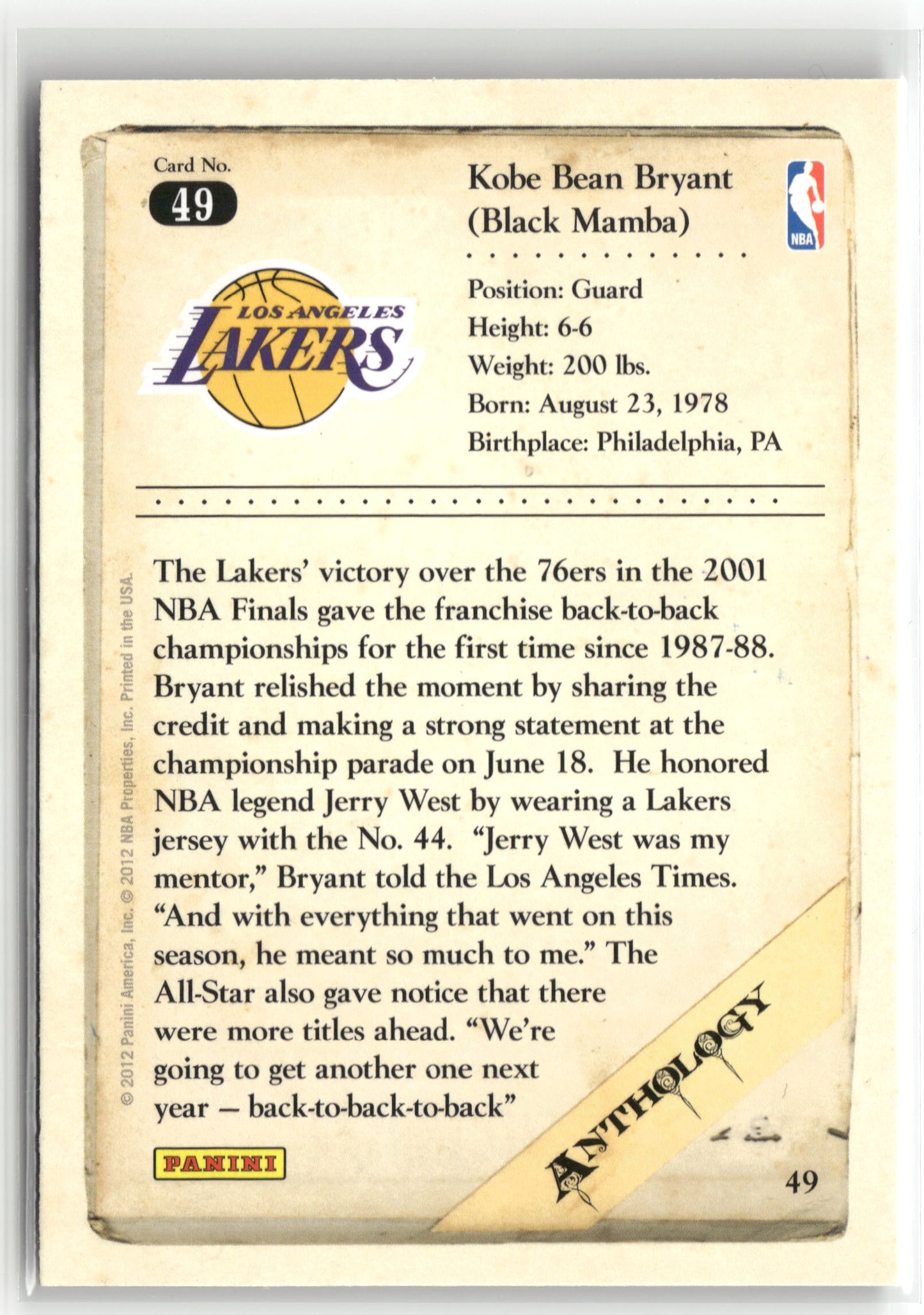 Basketball NBA Kobe Bryant 2012 Panini Kobe Anthology #49 Los Angeles Lakers Trading Card Original