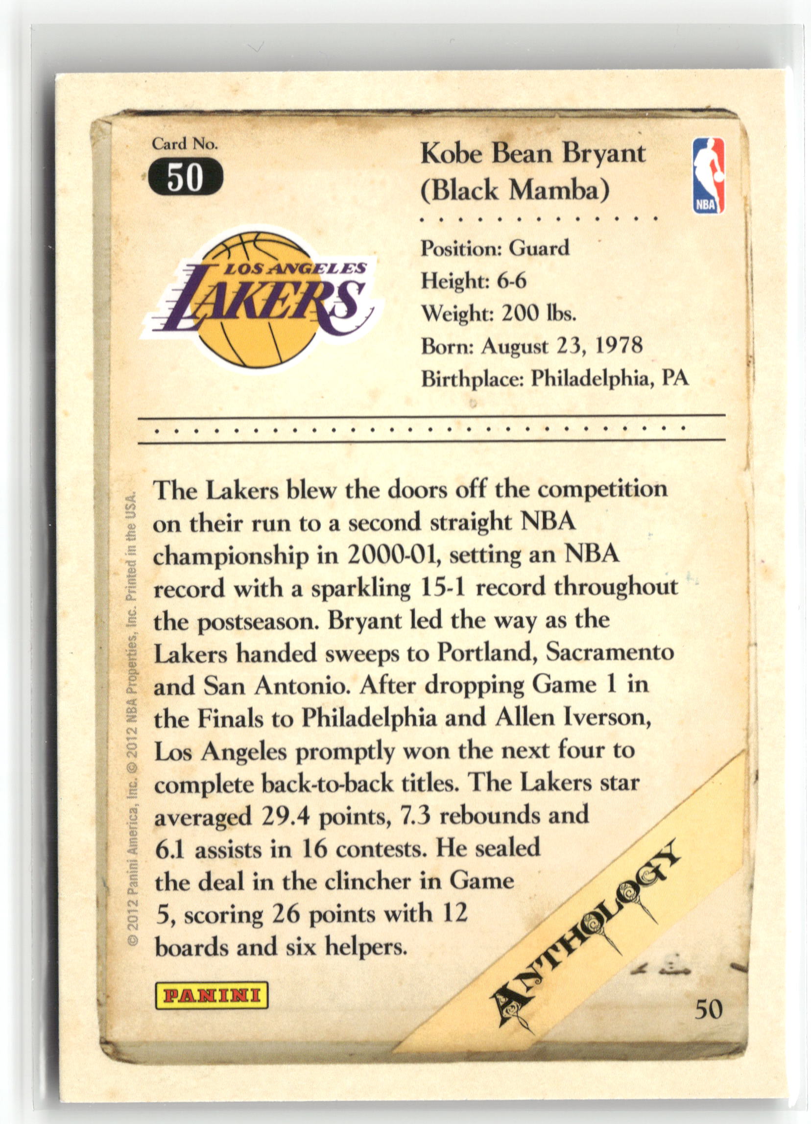 Basketball NBA Kobe Bryant 2012 Panini Kobe Anthology #50 Los Angeles Lakers Trading Card Original