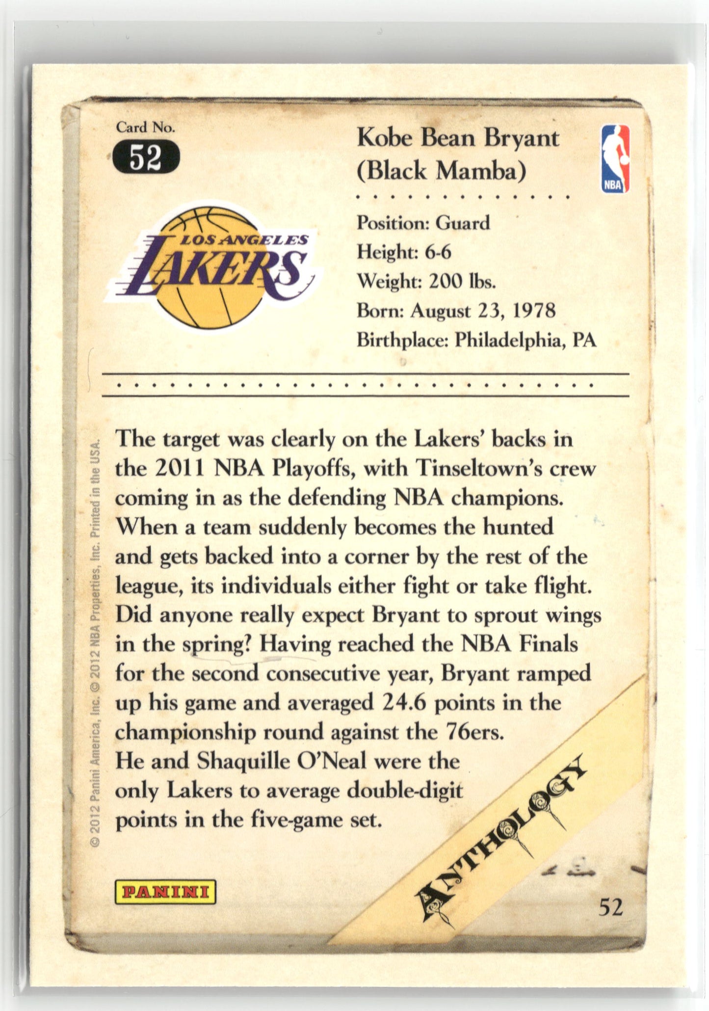 Basketball NBA Kobe Bryant 2012 Panini Kobe Anthology #52 Los Angeles Lakers Trading Card Original