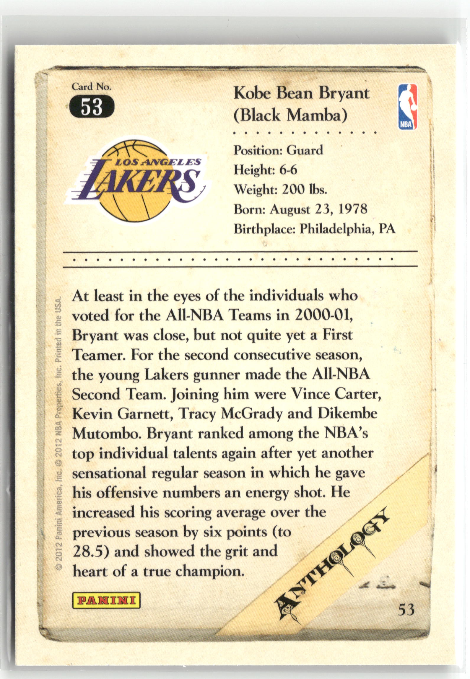 Basketball NBA Kobe Bryant 2012 Panini Kobe Anthology #53 Los Angeles Lakers Trading Card Original