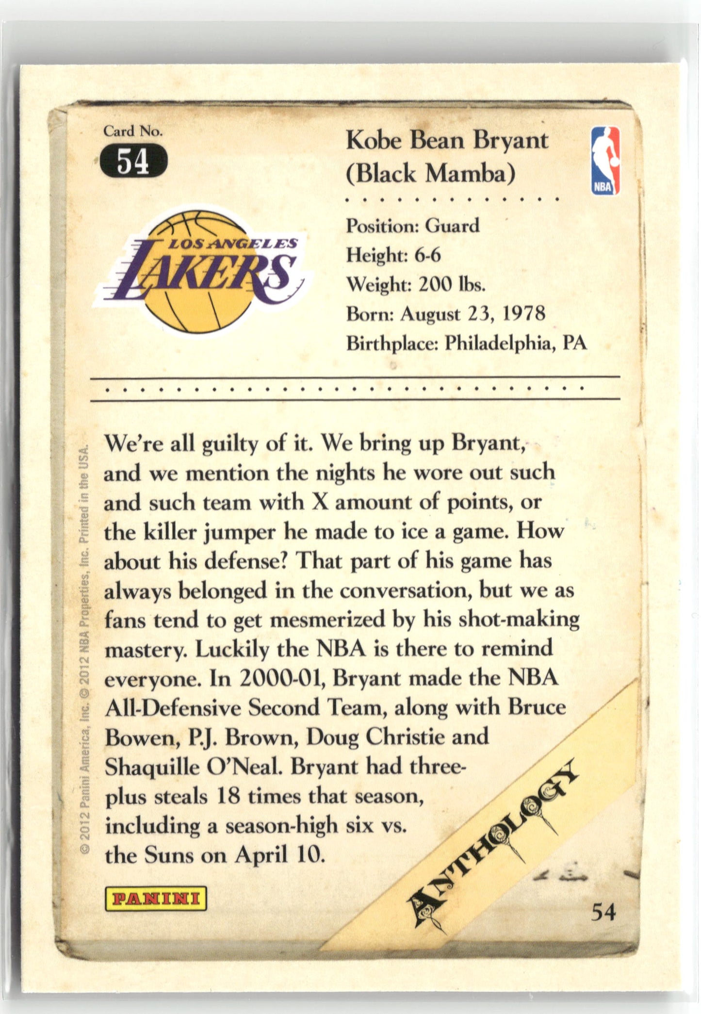 Basketball NBA Kobe Bryant 2012 Panini Kobe Anthology #54 Los Angeles Lakers Trading Card Original