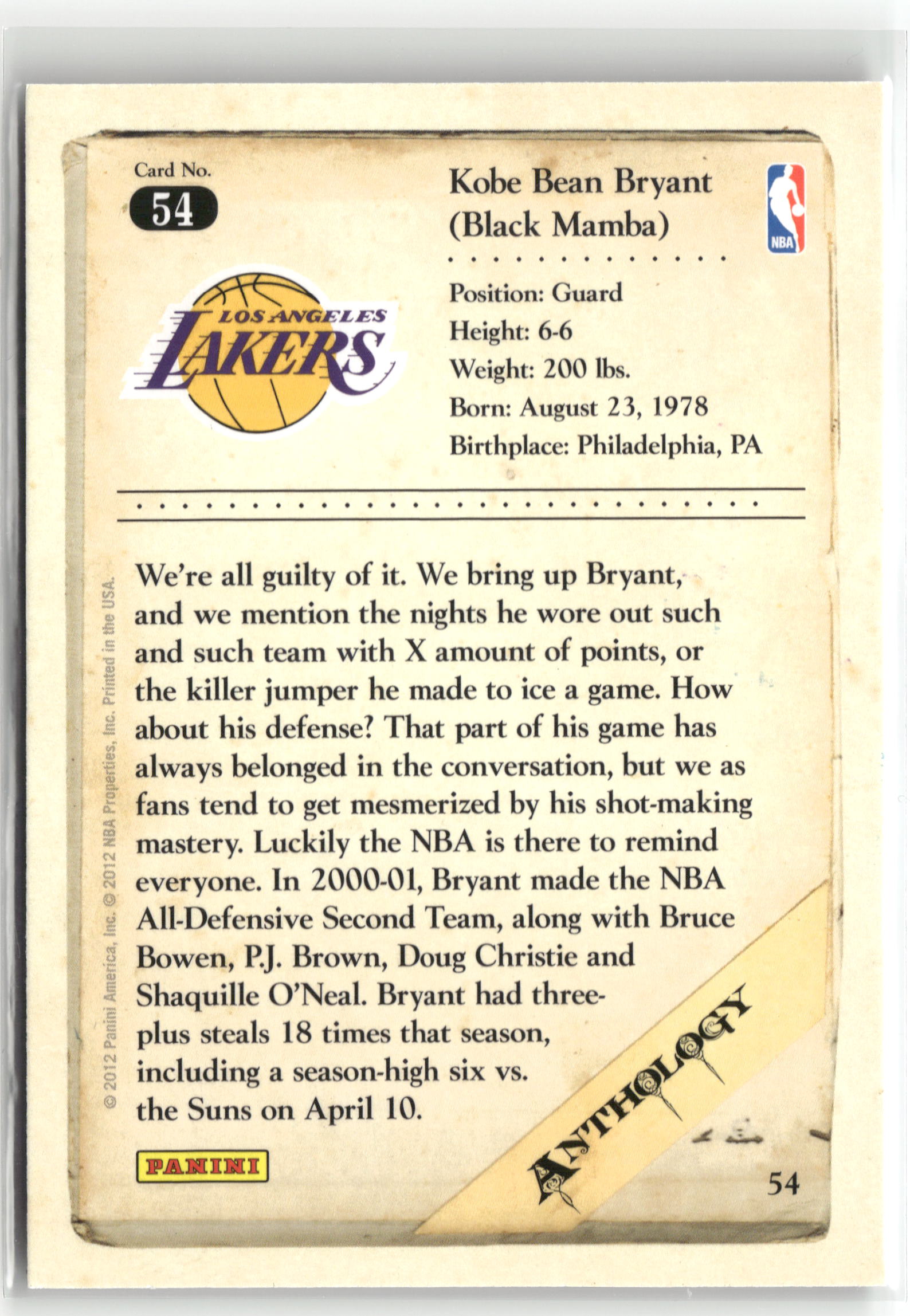 Basketball NBA Kobe Bryant 2012 Panini Kobe Anthology #54 Los Angeles Lakers Trading Card Original