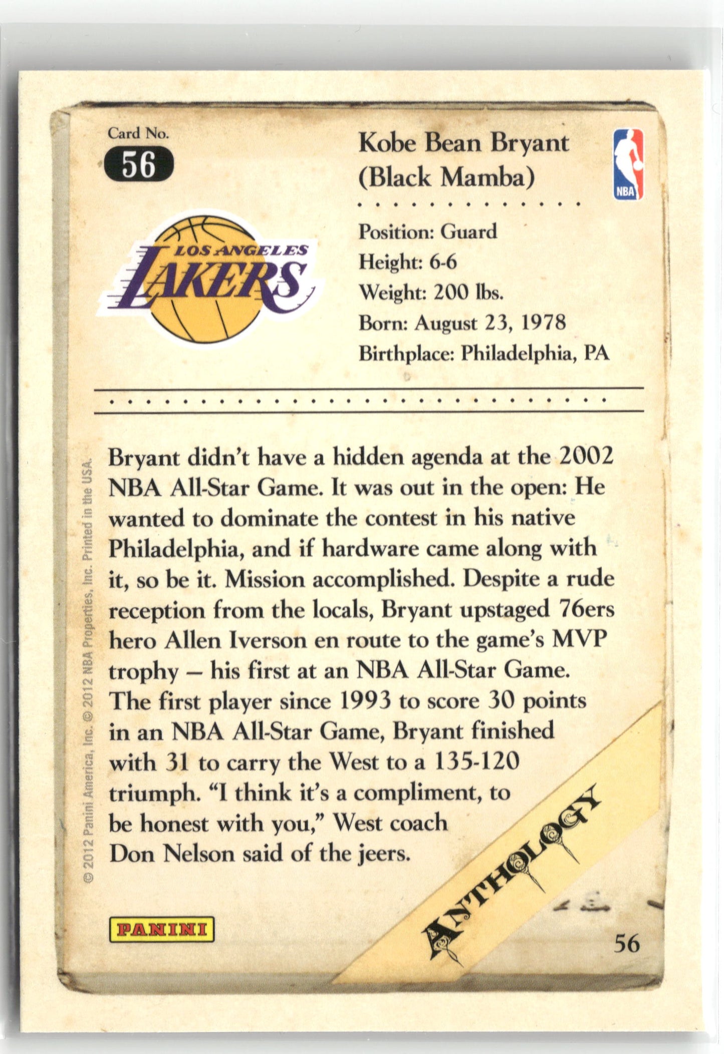 Basketball NBA Kobe Bryant 2012 Panini Kobe Anthology #56 Los Angeles Lakers Trading Card Original