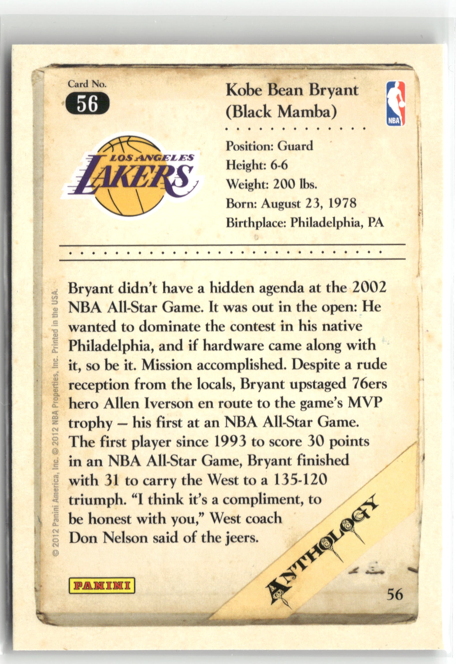 Basketball NBA Kobe Bryant 2012 Panini Kobe Anthology #56 Los Angeles Lakers Trading Card Original