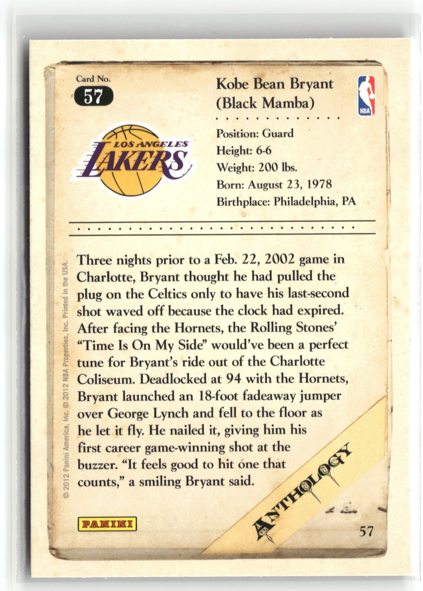Basketball NBA Kobe Bryant 2012 Panini Kobe Anthology #57 Los Angeles Lakers Trading Card Original