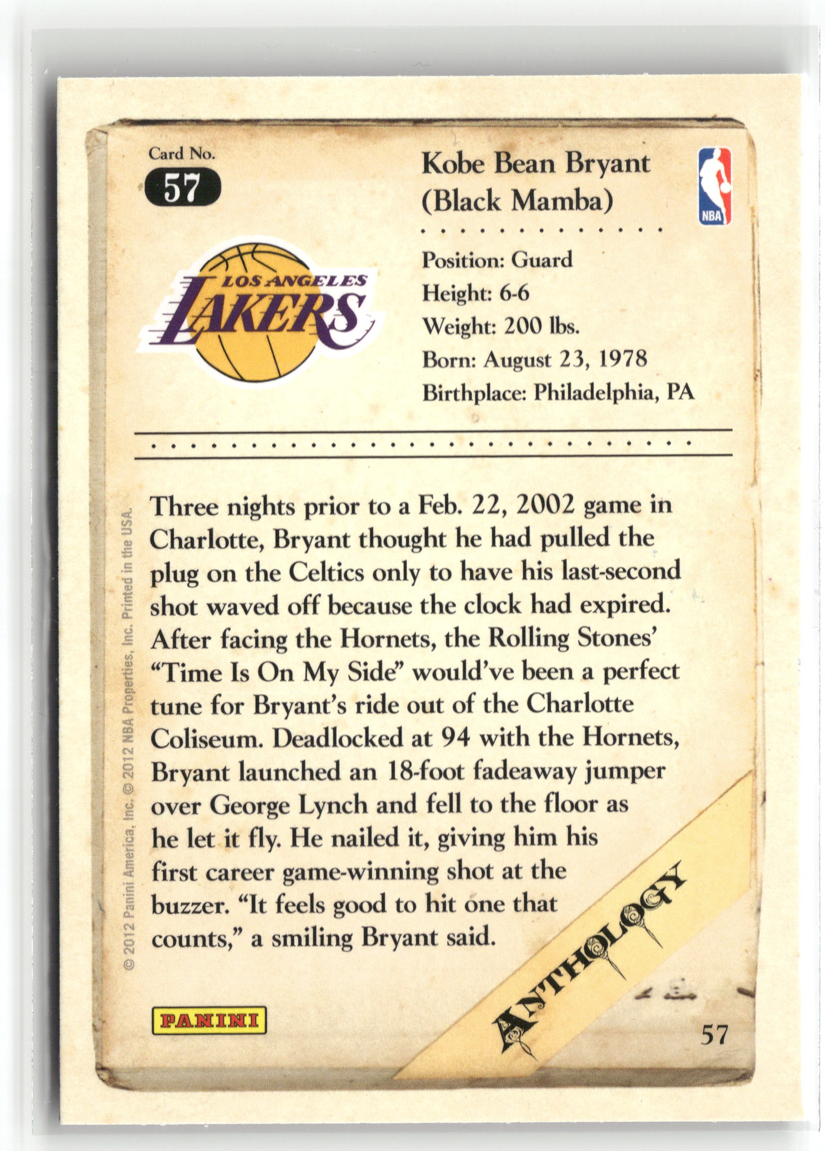 Basketball NBA Kobe Bryant 2012 Panini Kobe Anthology #57 Los Angeles Lakers Trading Card Original