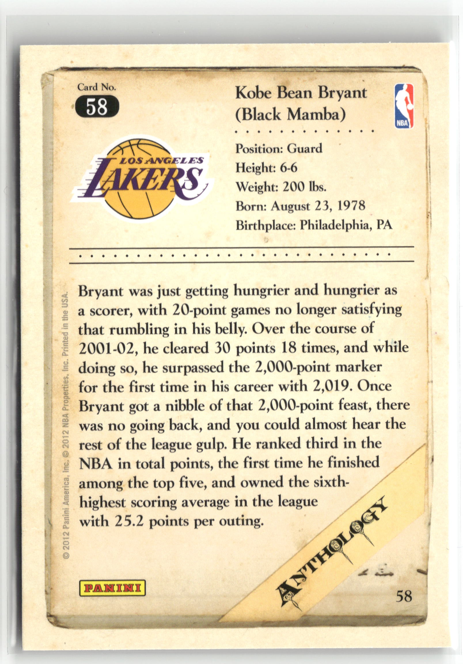 Basketball NBA Kobe Bryant 2012 Panini Kobe Anthology #58 Los Angeles Lakers Trading Card Original