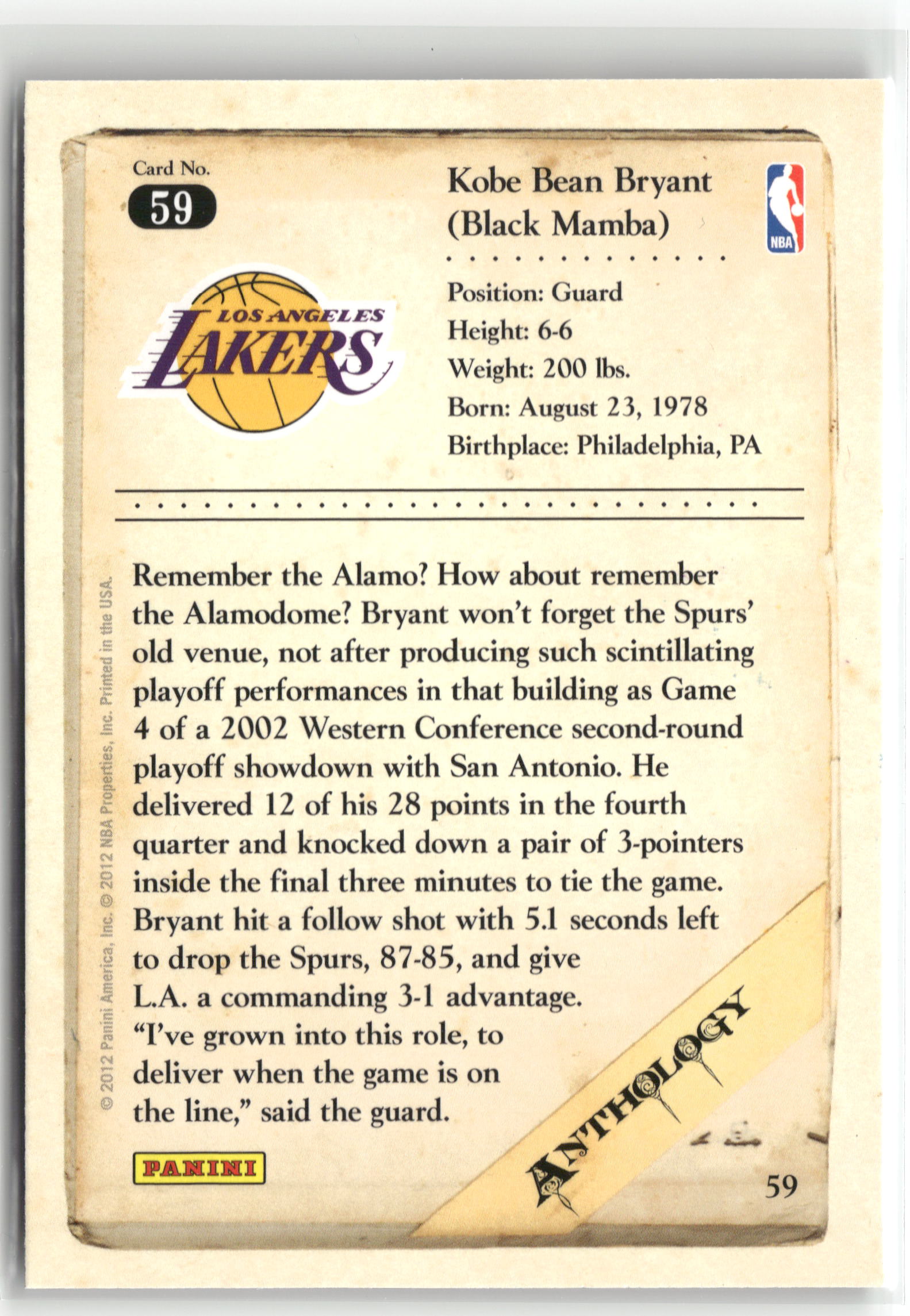 Basketball NBA Kobe Bryant 2012 Panini Kobe Anthology #59 Los Angeles Lakers Trading Card Original