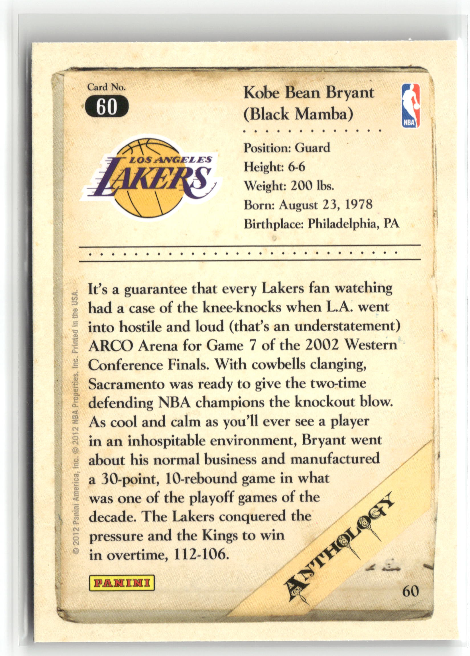 Basketball NBA Kobe Bryant 2012 Panini Kobe Anthology #60 Los Angeles Lakers Trading Card Original