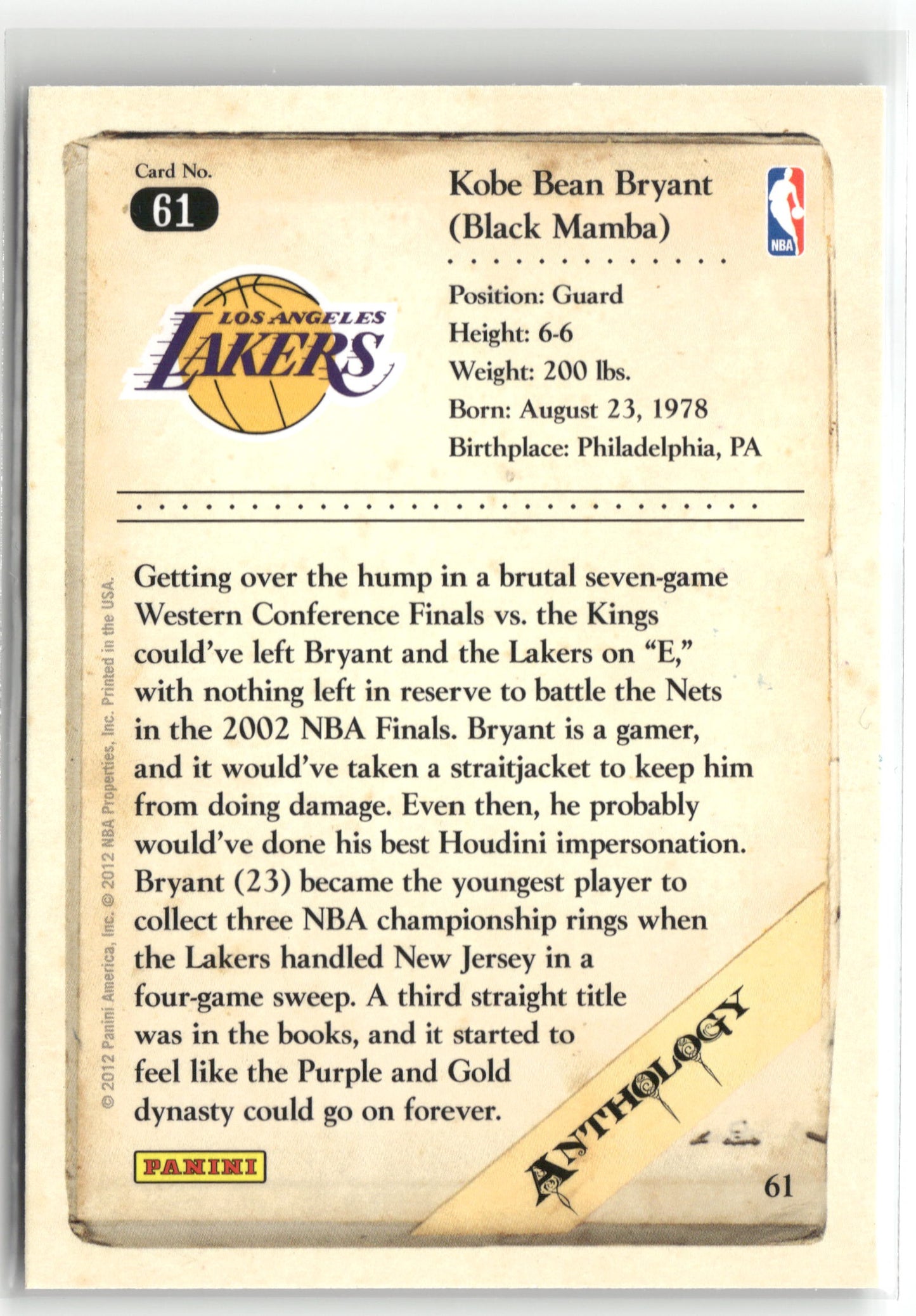 Basketball NBA Kobe Bryant 2012 Panini Kobe Anthology #61 Los Angeles Lakers Trading Card Original