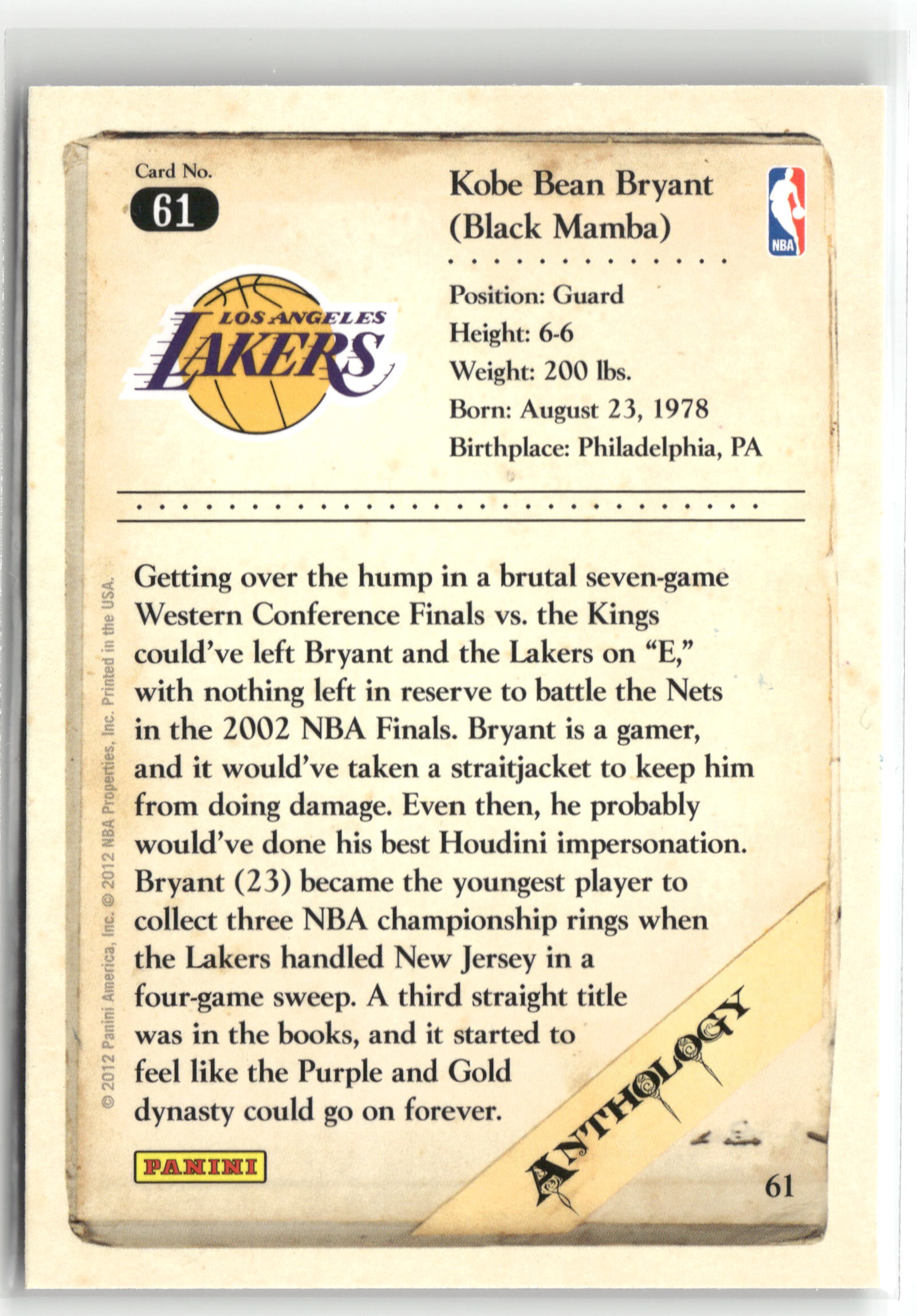 Basketball NBA Kobe Bryant 2012 Panini Kobe Anthology #61 Los Angeles Lakers Trading Card Original
