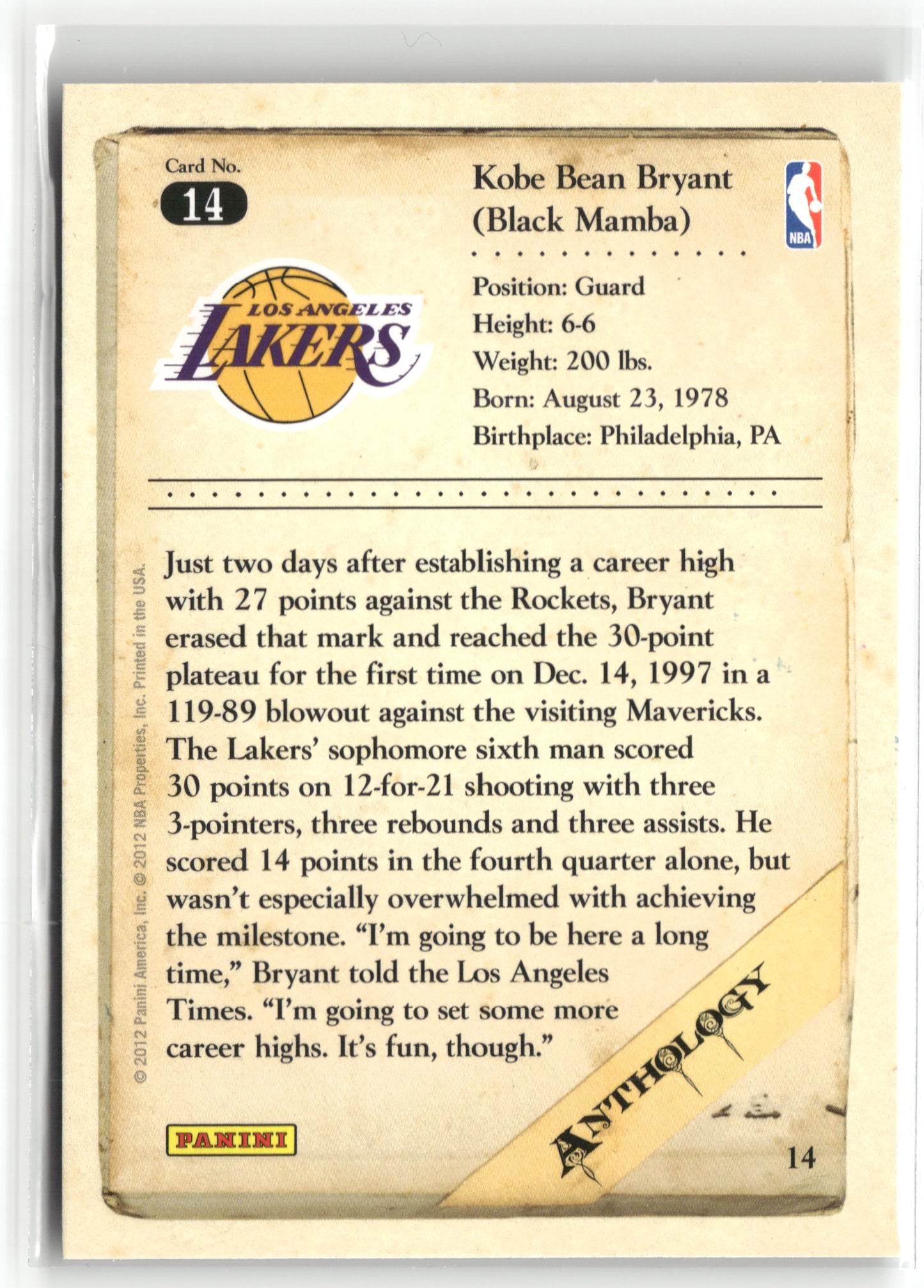Basketball NBA Kobe Bryant 2012 Panini Kobe Anthology #14 Los Angeles Lakers Trading Card Original