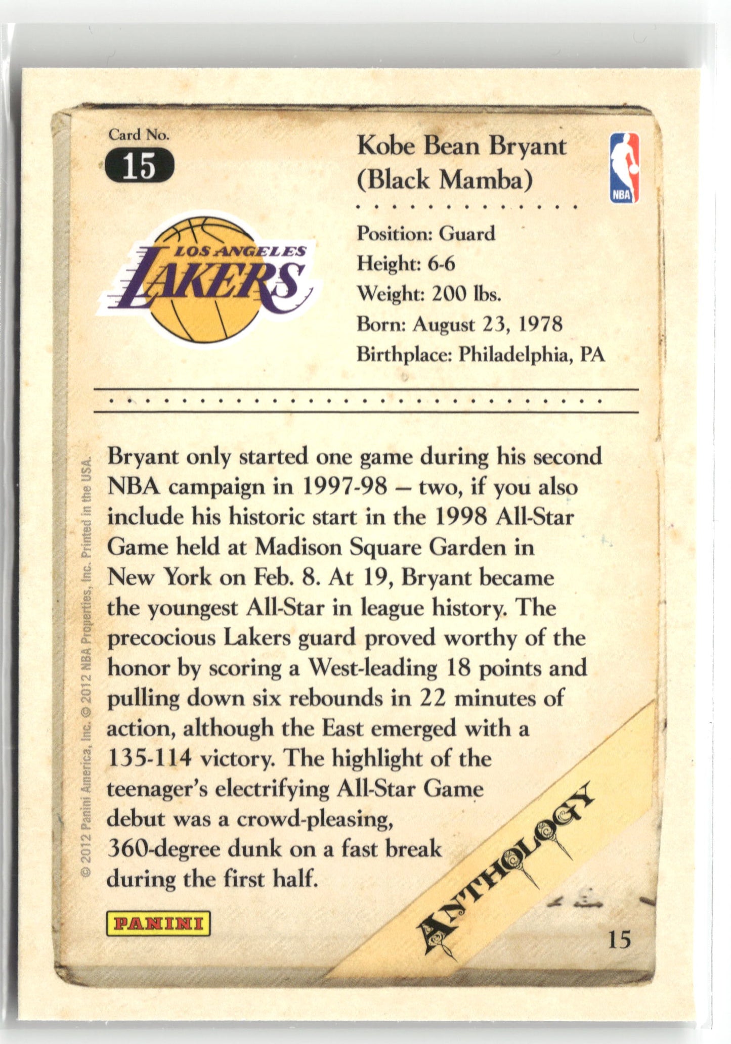 Basketball NBA Kobe Bryant 2012 Panini Kobe Anthology #15 Los Angeles Lakers Trading Card Original