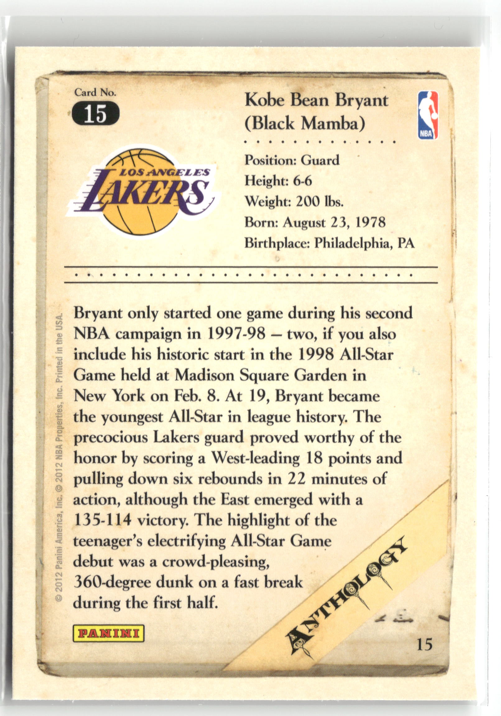 Basketball NBA Kobe Bryant 2012 Panini Kobe Anthology #15 Los Angeles Lakers Trading Card Original