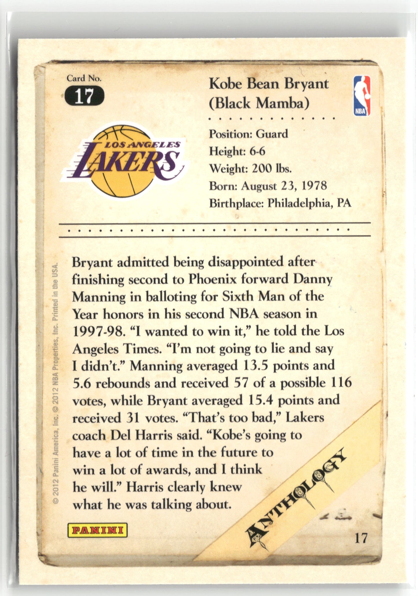 Basketball NBA Kobe Bryant 2012 Panini Kobe Anthology #17 Los Angeles Lakers Trading Card Original