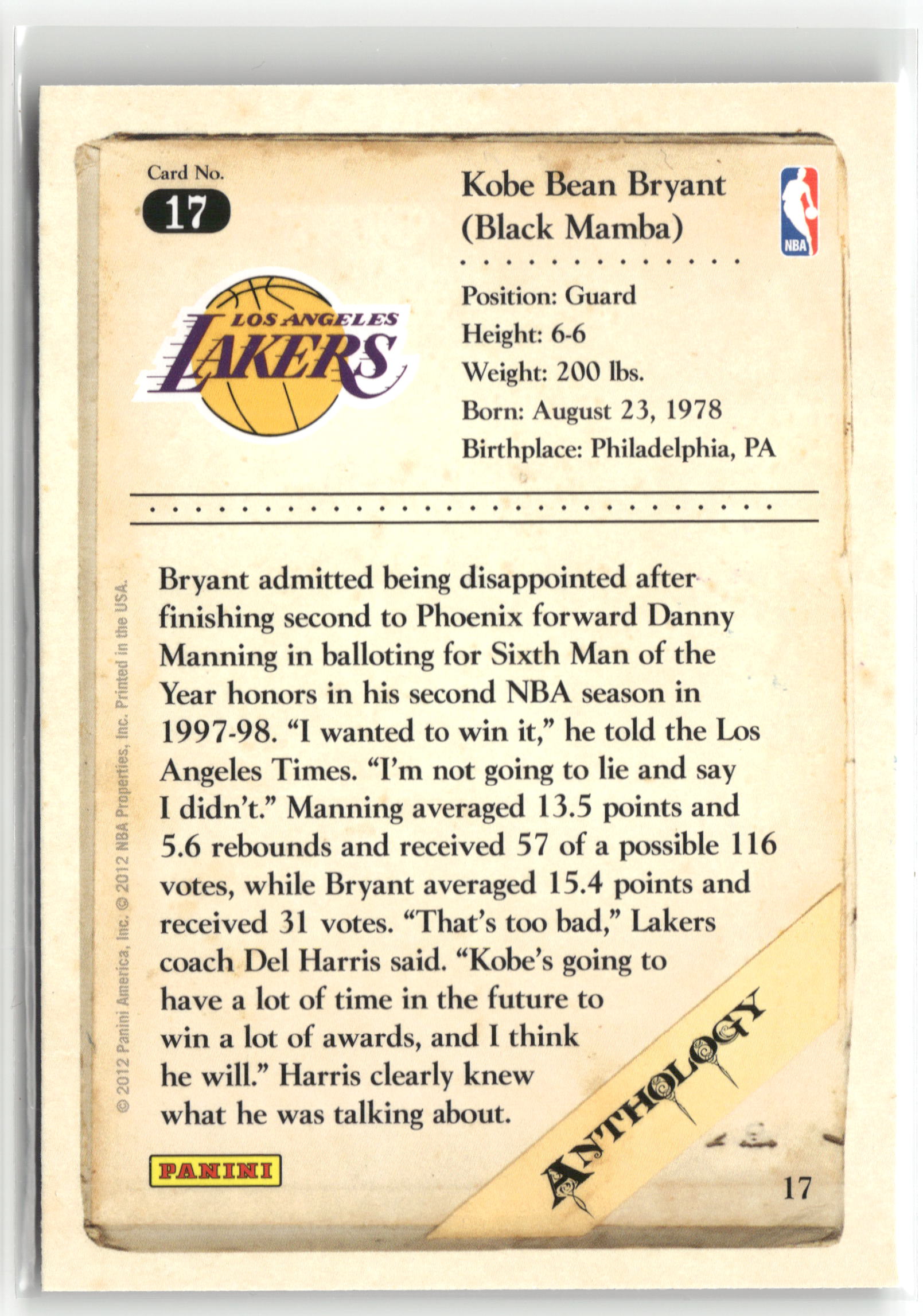 Basketball NBA Kobe Bryant 2012 Panini Kobe Anthology #17 Los Angeles Lakers Trading Card Original