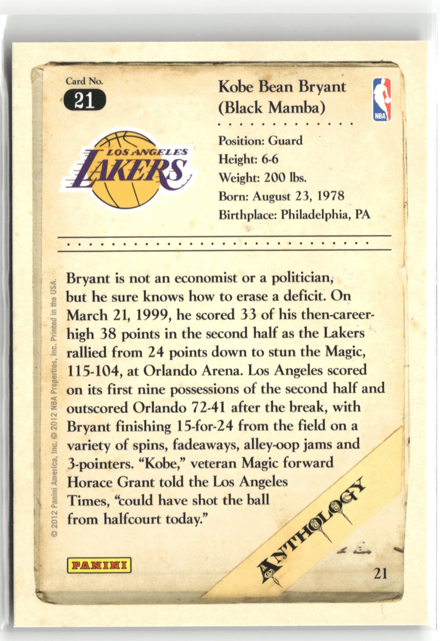 Basketball NBA Kobe Bryant 2012 Panini Kobe Anthology #21 Los Angeles Lakers Trading Card Original