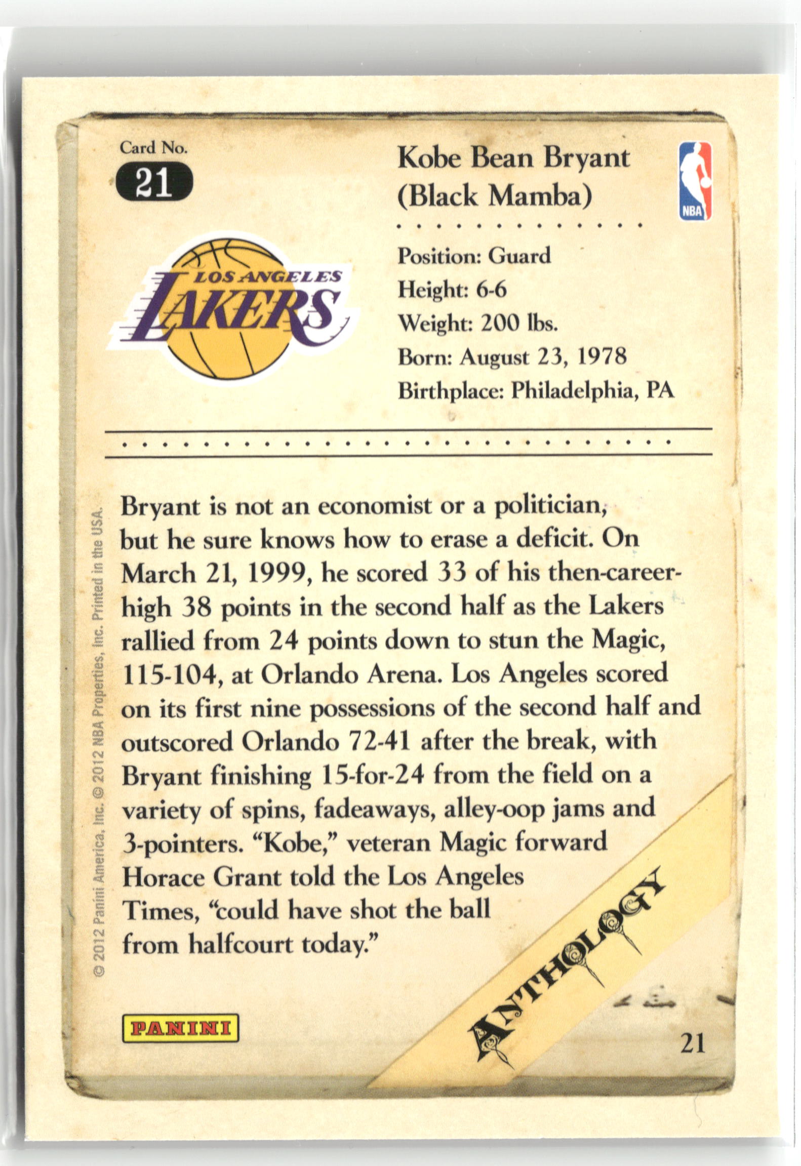 Basketball NBA Kobe Bryant 2012 Panini Kobe Anthology #21 Los Angeles Lakers Trading Card Original