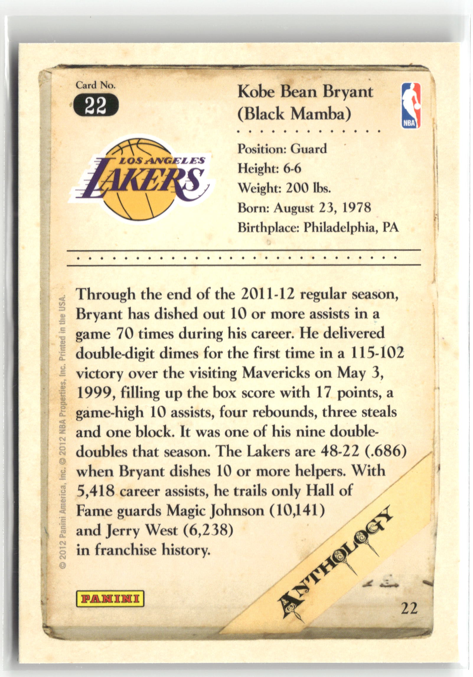Basketball NBA Kobe Bryant 2012 Panini Kobe Anthology #22 Los Angeles Lakers Trading Card Original