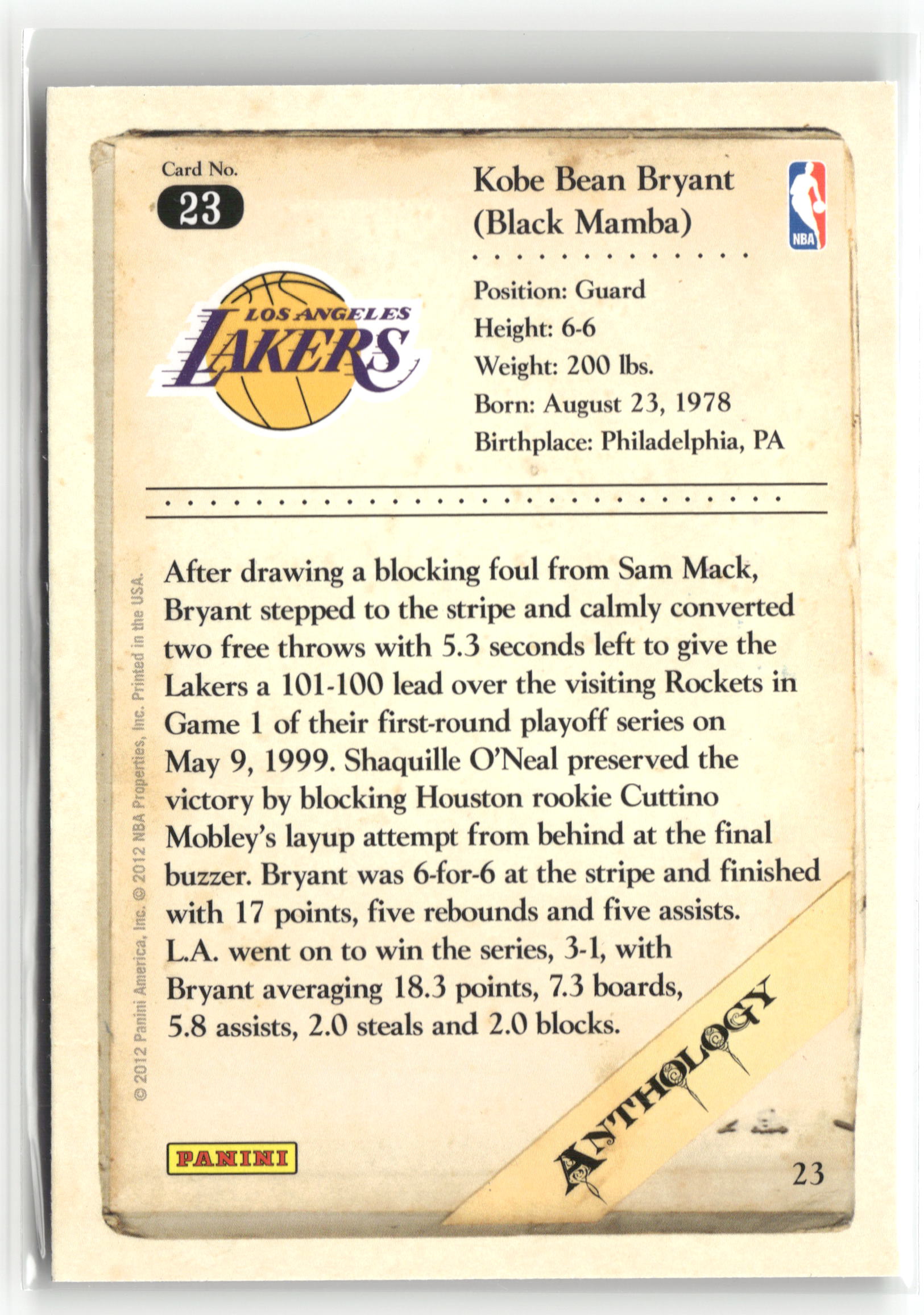 Basketball NBA Kobe Bryant 2012 Panini Kobe Anthology #23 Los Angeles Lakers Trading Card Original