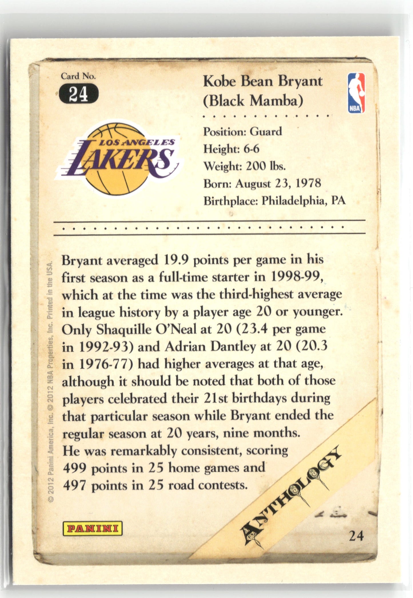Basketball NBA Kobe Bryant 2012 Panini Kobe Anthology #24 Los Angeles Lakers Trading Card Original