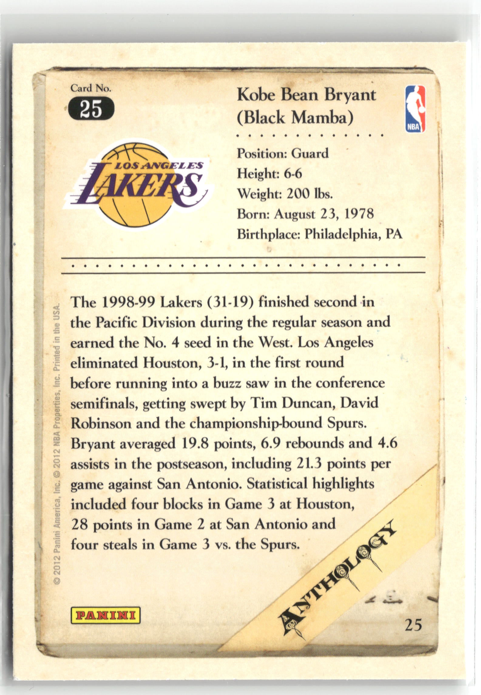 Basketball NBA Kobe Bryant 2012 Panini Kobe Anthology #25 Los Angeles Lakers Trading Card Original