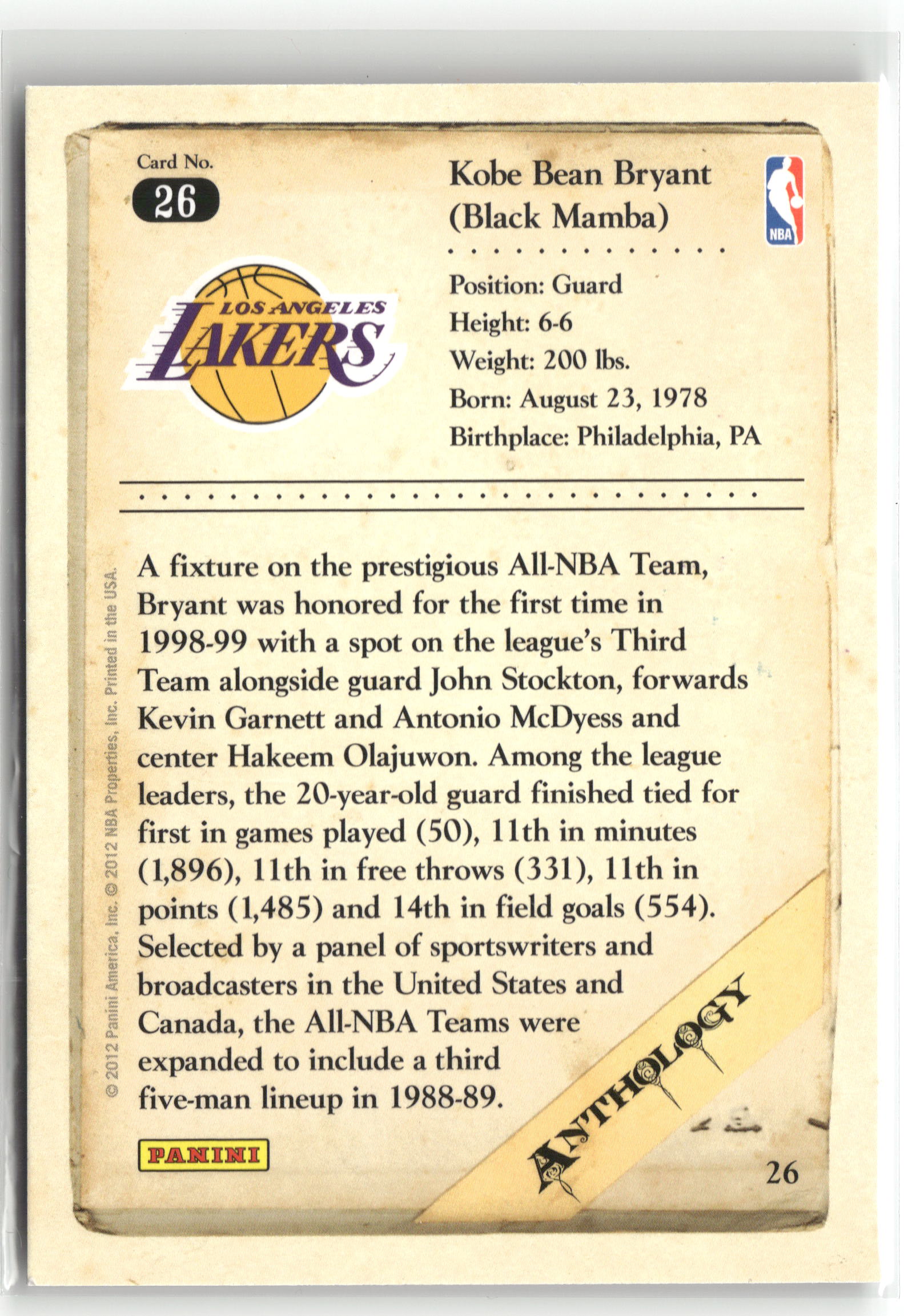 Basketball NBA Kobe Bryant 2012 Panini Kobe Anthology #26 Los Angeles Lakers Trading Card Original