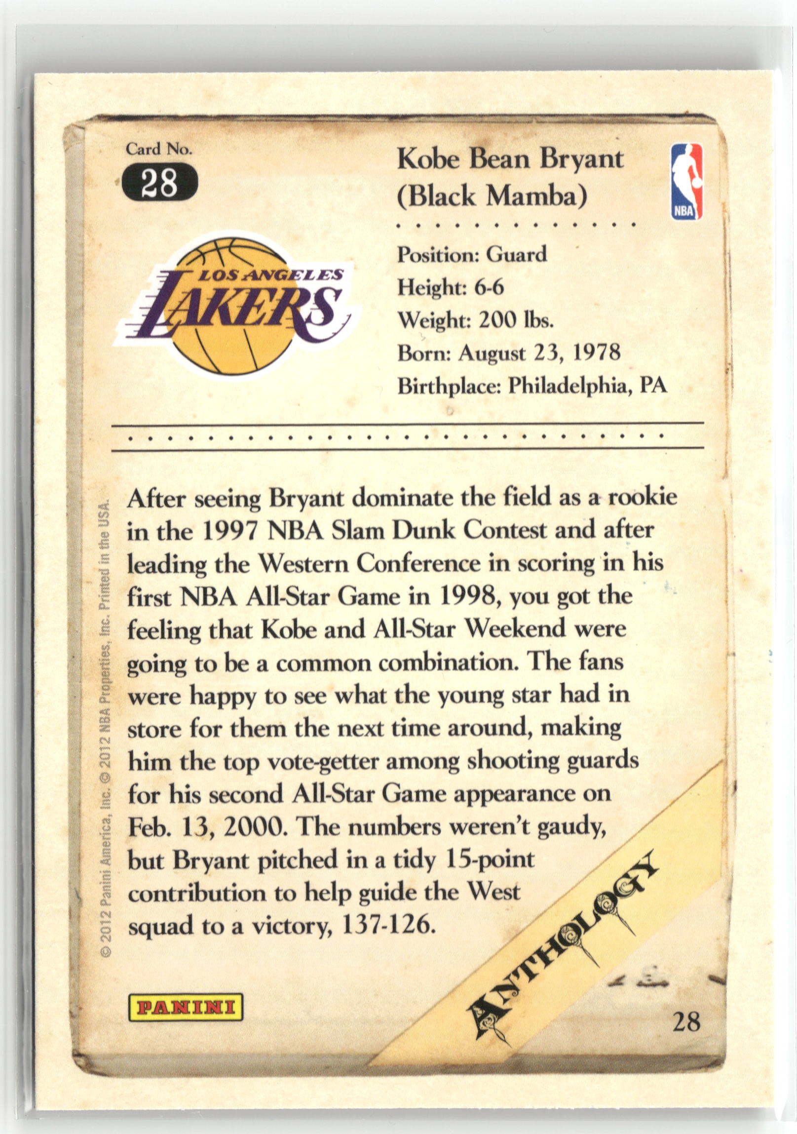 Basketball NBA Kobe Bryant 2012 Panini Kobe Anthology #28 Los Angeles Lakers Trading Card Original
