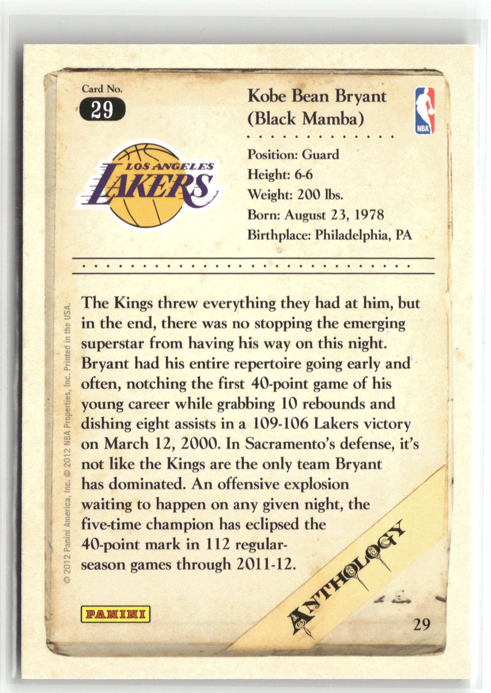 Basketball NBA Kobe Bryant 2012 Panini Kobe Anthology #29 Los Angeles Lakers Trading Card Original