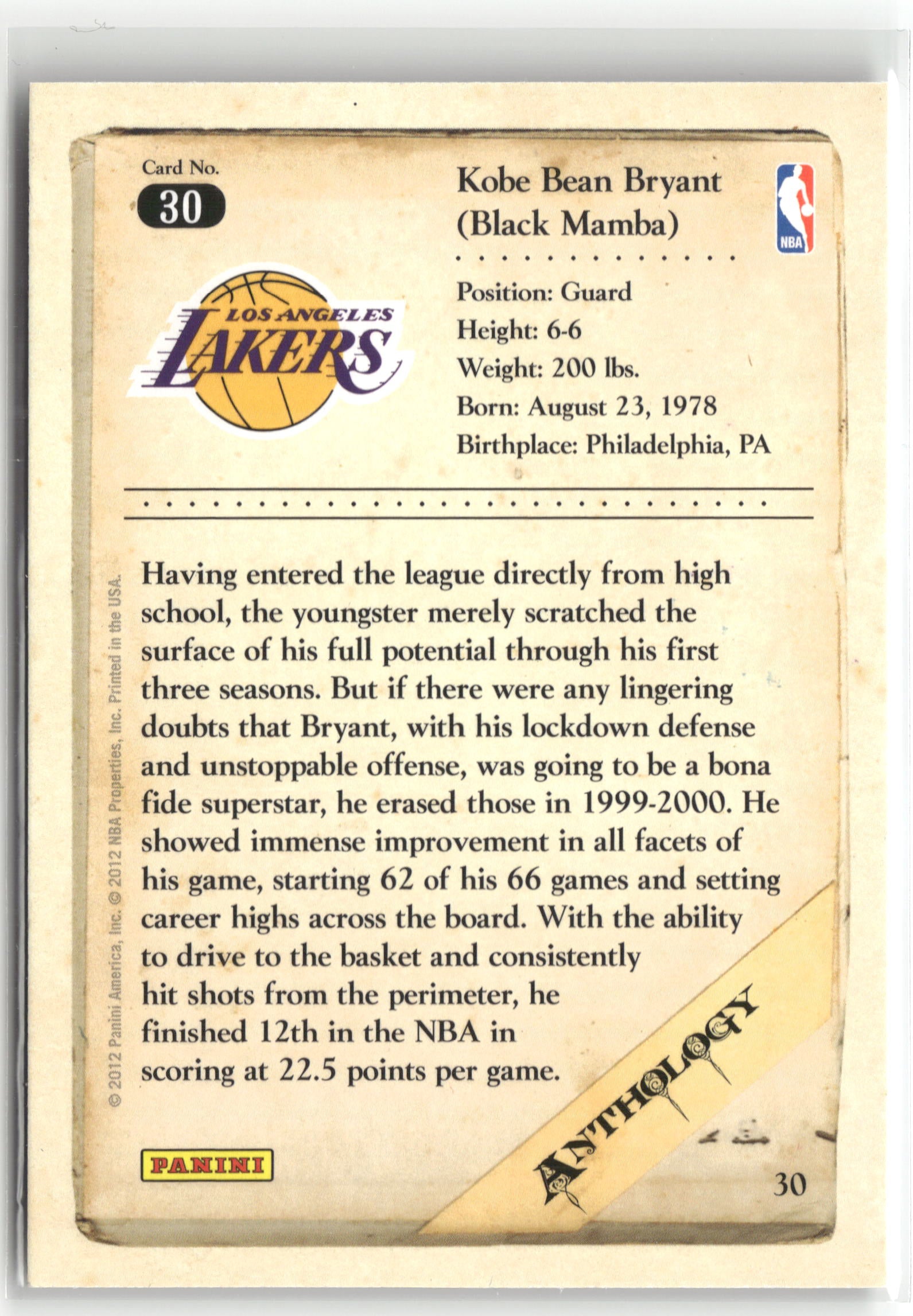 Basketball NBA Kobe Bryant 2012 Panini Kobe Anthology #30 Los Angeles Lakers Trading Card Original
