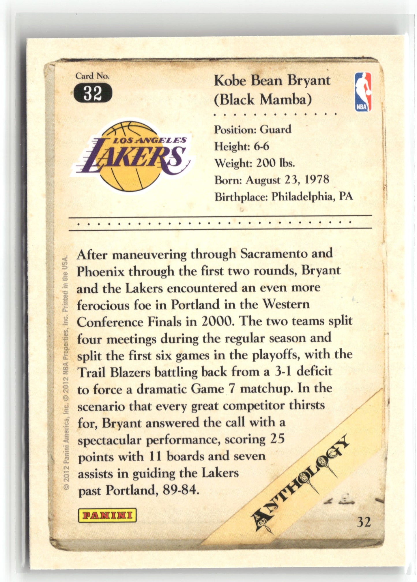Basketball NBA Kobe Bryant 2012 Panini Kobe Anthology #32 Los Angeles Lakers Trading Card Original