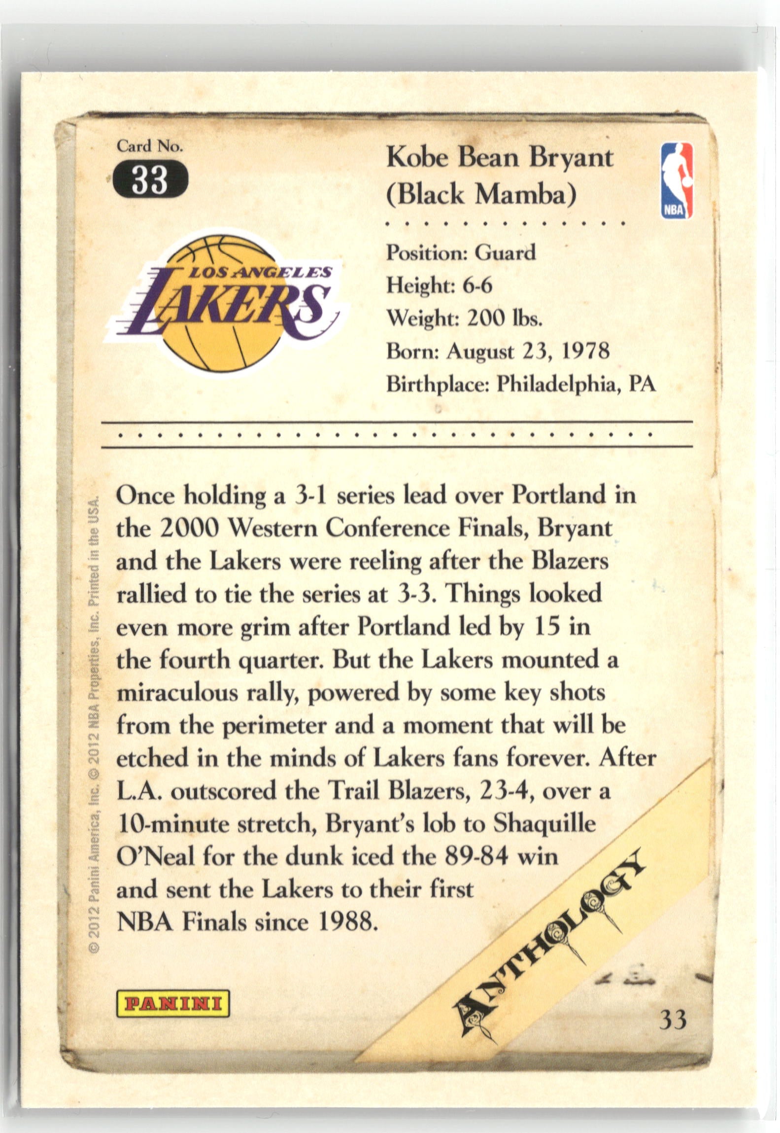 Basketball NBA Kobe Bryant 2012 Panini Kobe Anthology #33 Los Angeles Lakers Trading Card Original