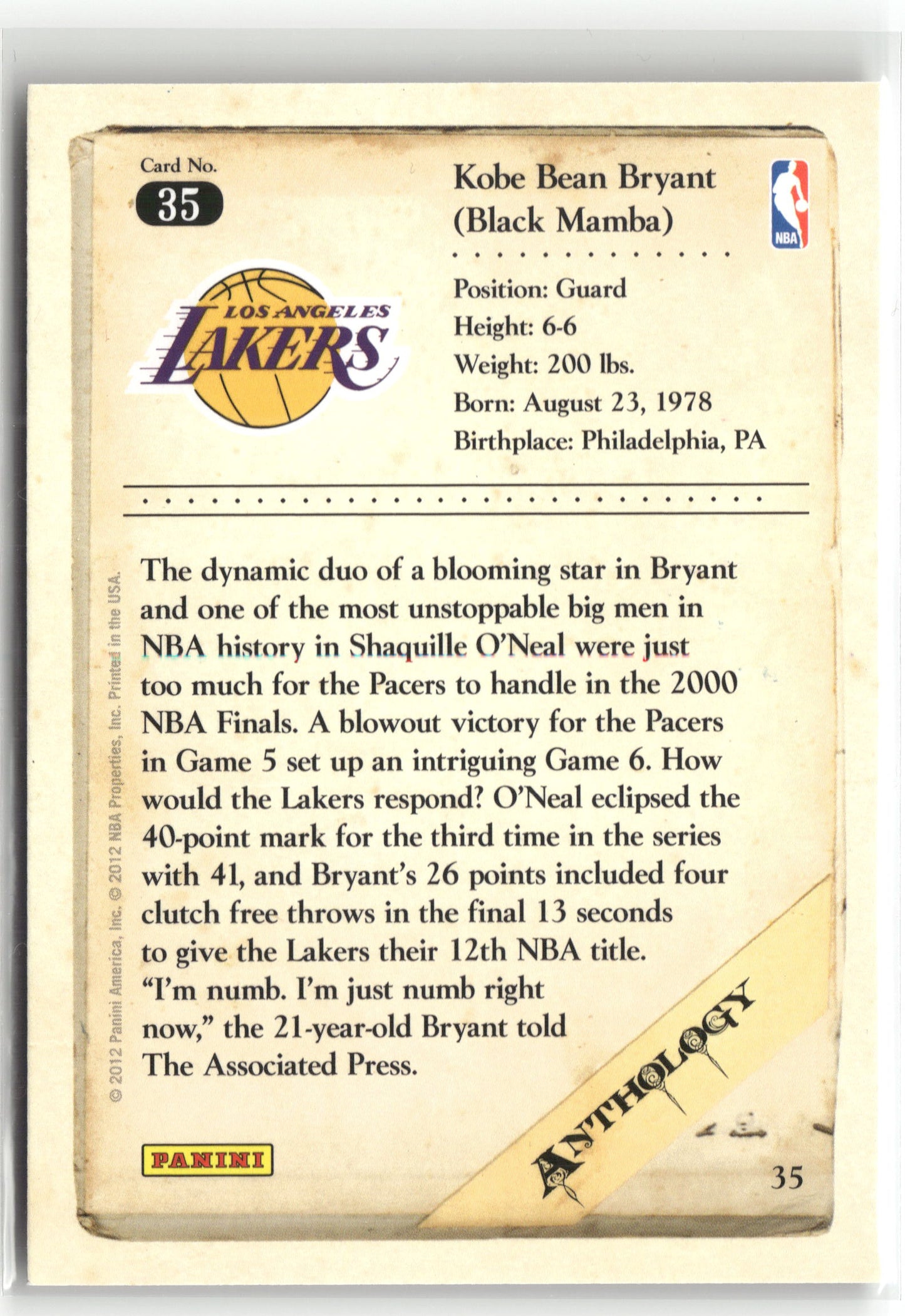 Basketball NBA Kobe Bryant 2012 Panini Kobe Anthology #35 Los Angeles Lakers Trading Card Original
