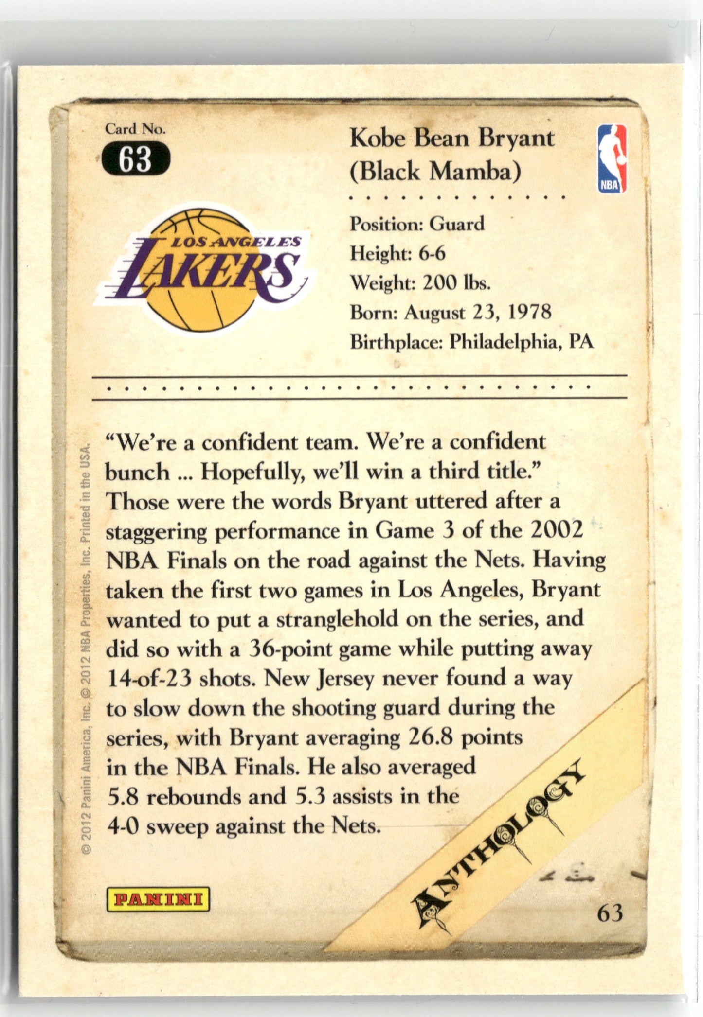 Basketball NBA Kobe Bryant 2012 Panini Kobe Anthology #63 Los Angeles Lakers Trading Card Original