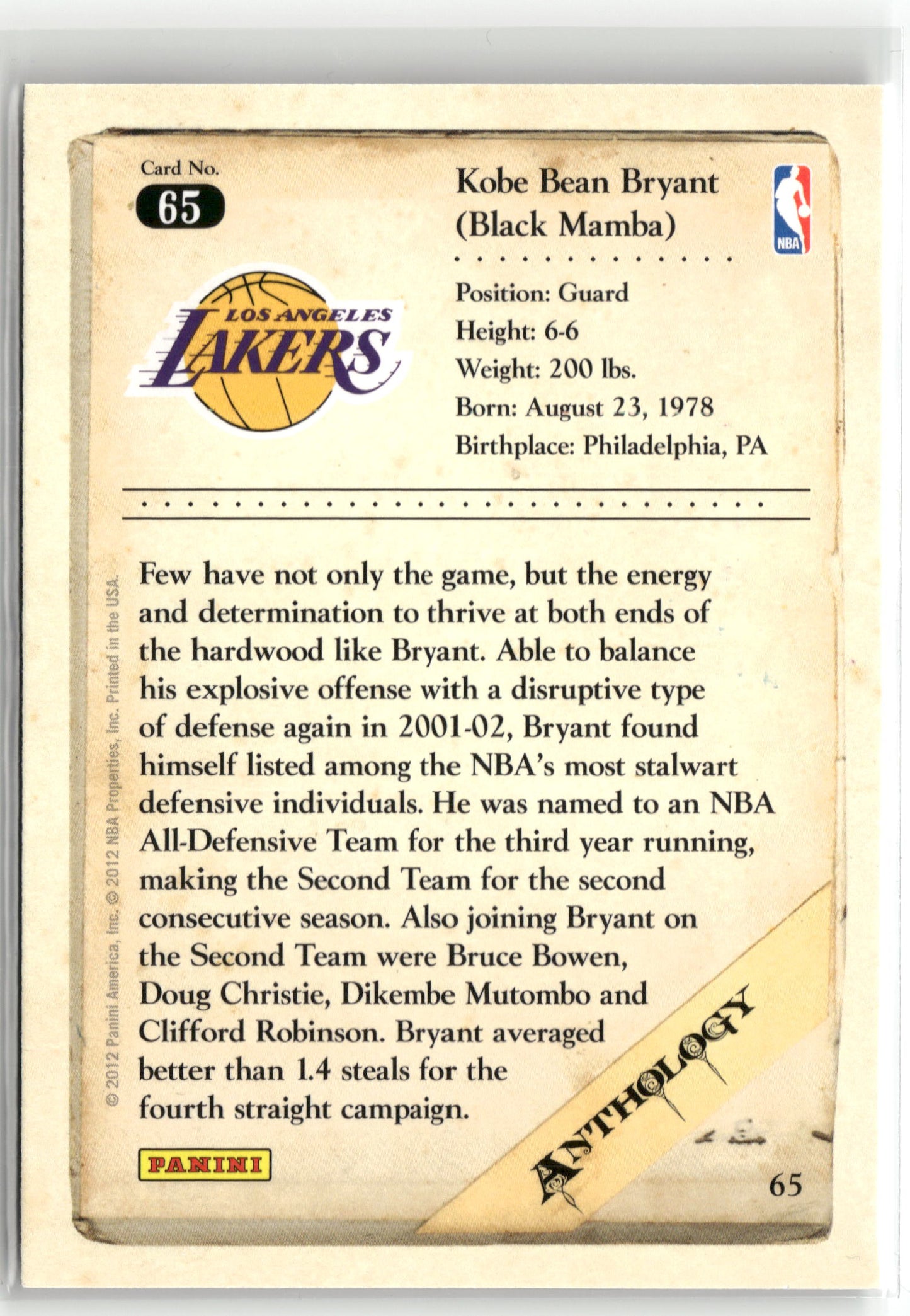 Basketball NBA Kobe Bryant 2012 Panini Kobe Anthology #65 Los Angeles Lakers Trading Card Original