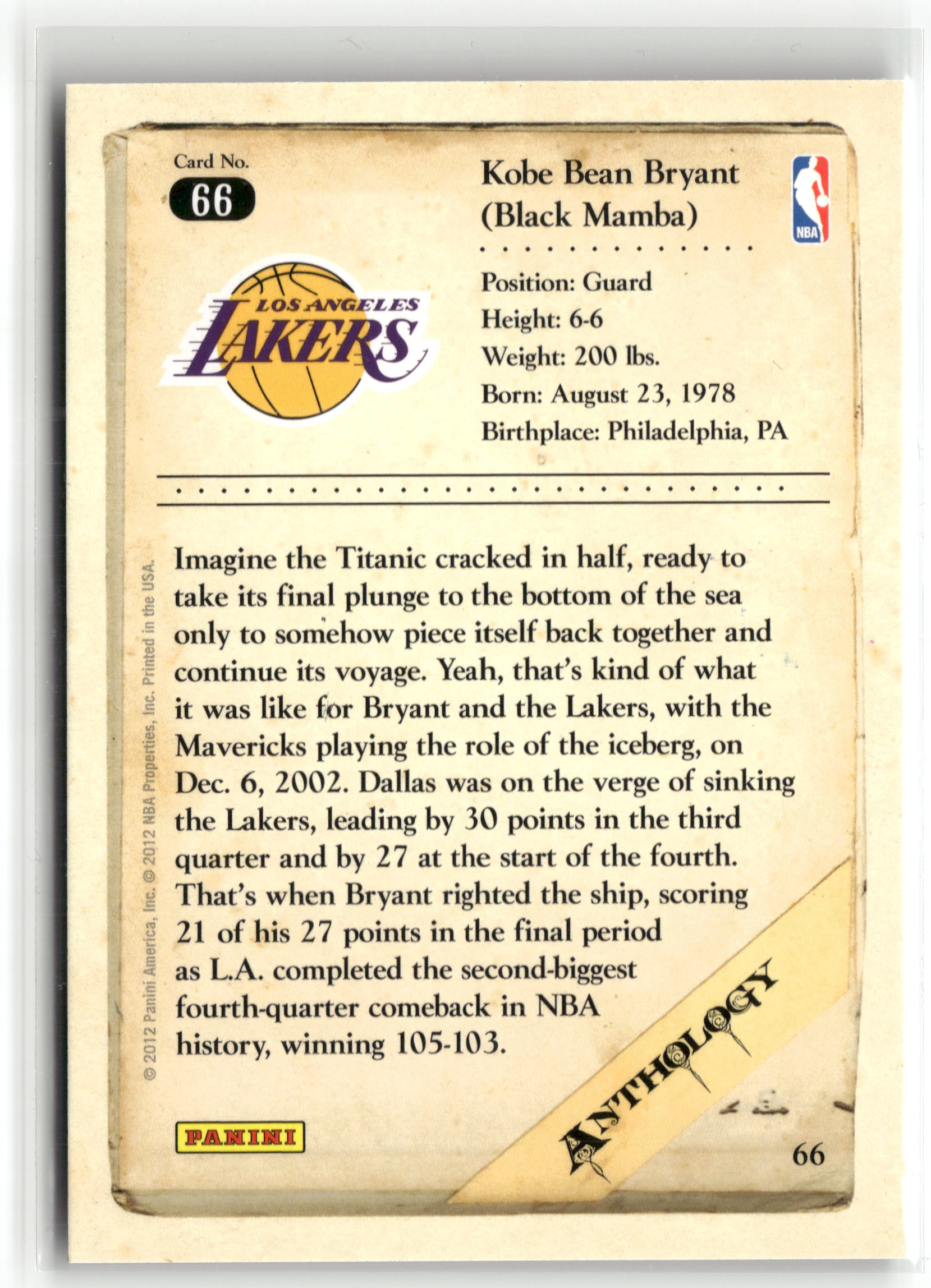 Basketball NBA Kobe Bryant 2012 Panini Kobe Anthology #66 Los Angeles Lakers Trading Card Original