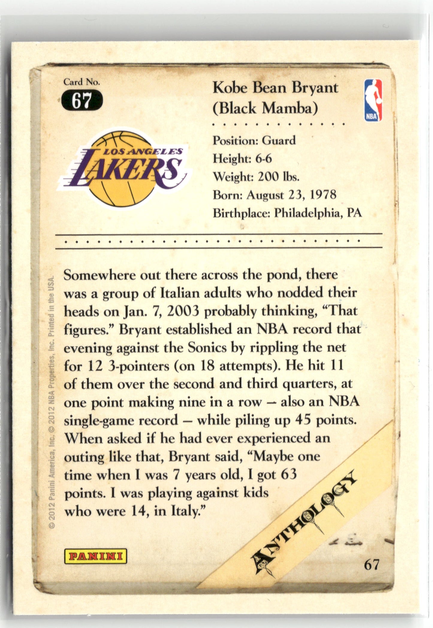 Basketball NBA Kobe Bryant 2012 Panini Kobe Anthology #67 Los Angeles Lakers Trading Card Original