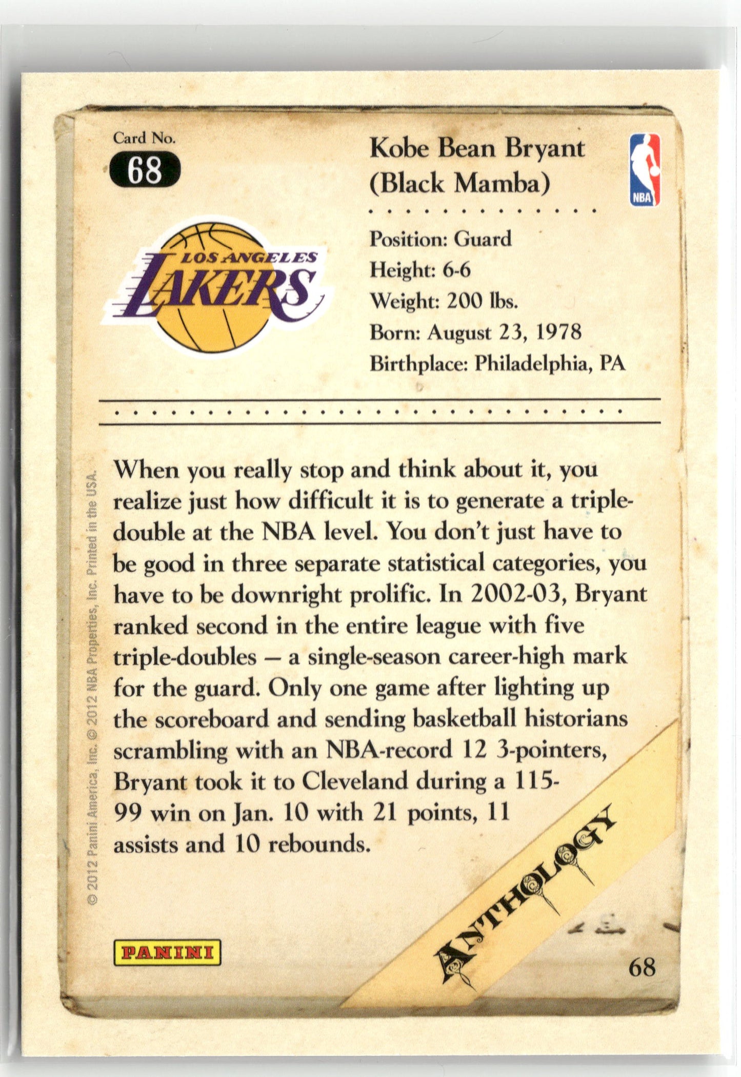Basketball NBA Kobe Bryant 2012 Panini Kobe Anthology #68 Los Angeles Lakers Trading Card Original
