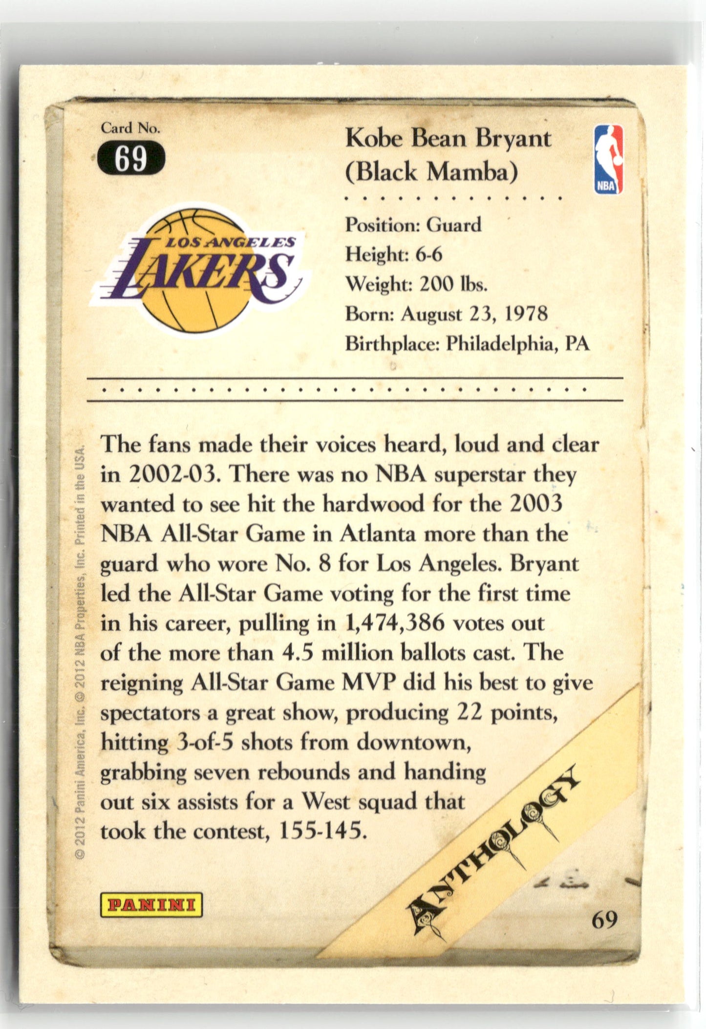 Basketball NBA Kobe Bryant 2012 Panini Kobe Anthology #69 Los Angeles Lakers Trading Card Original