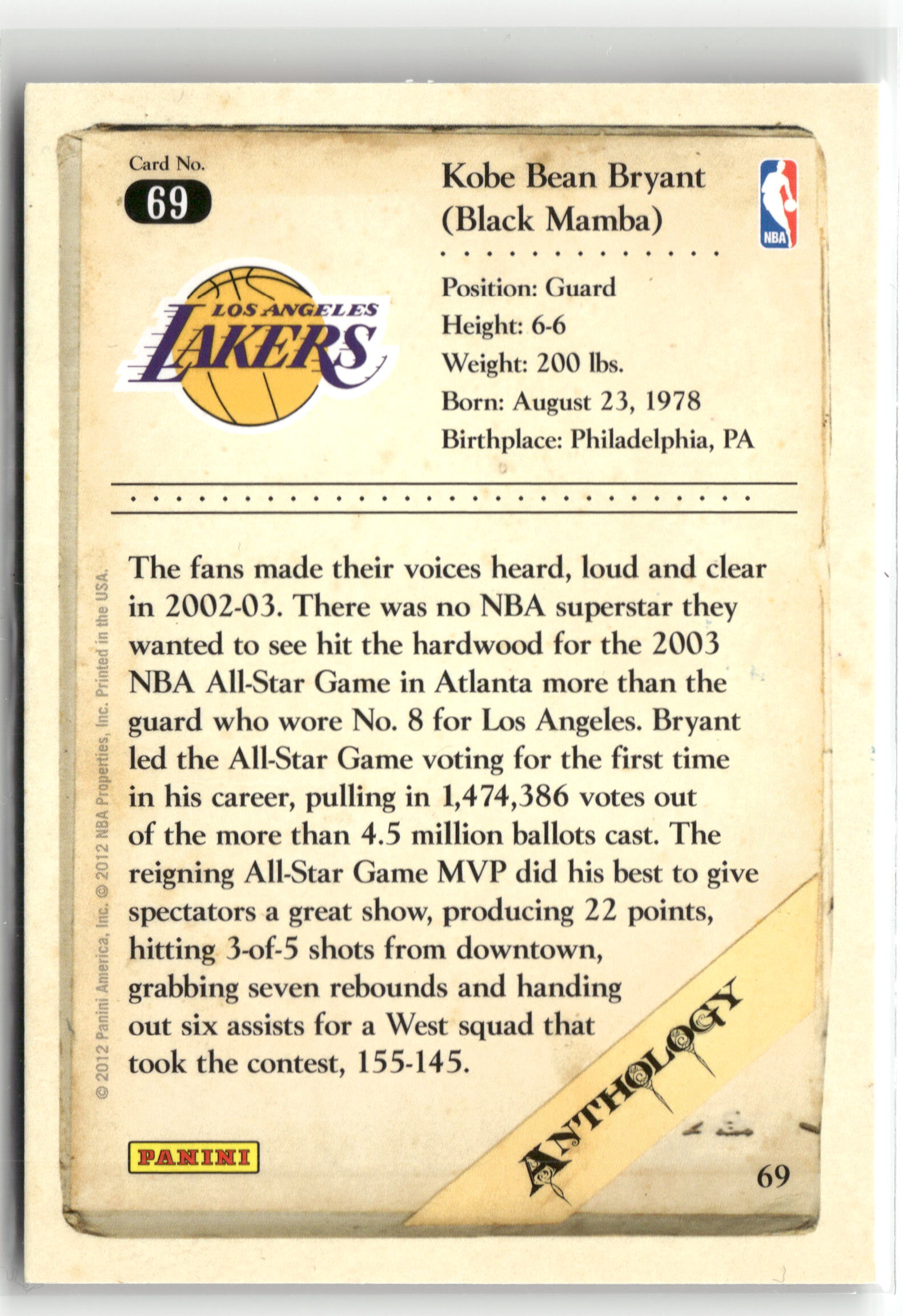 Basketball NBA Kobe Bryant 2012 Panini Kobe Anthology #69 Los Angeles Lakers Trading Card Original