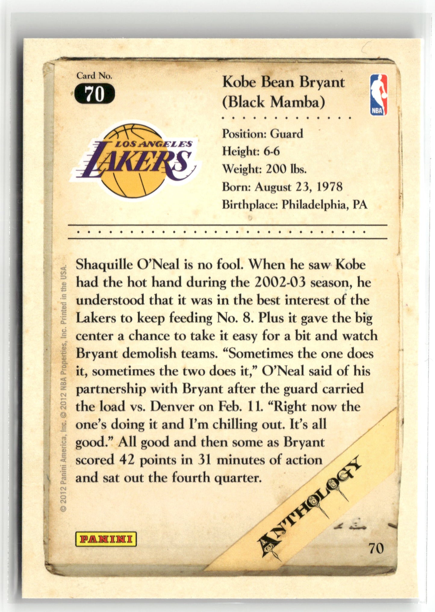 Basketball NBA Kobe Bryant 2012 Panini Kobe Anthology #70 Los Angeles Lakers Trading Card Original