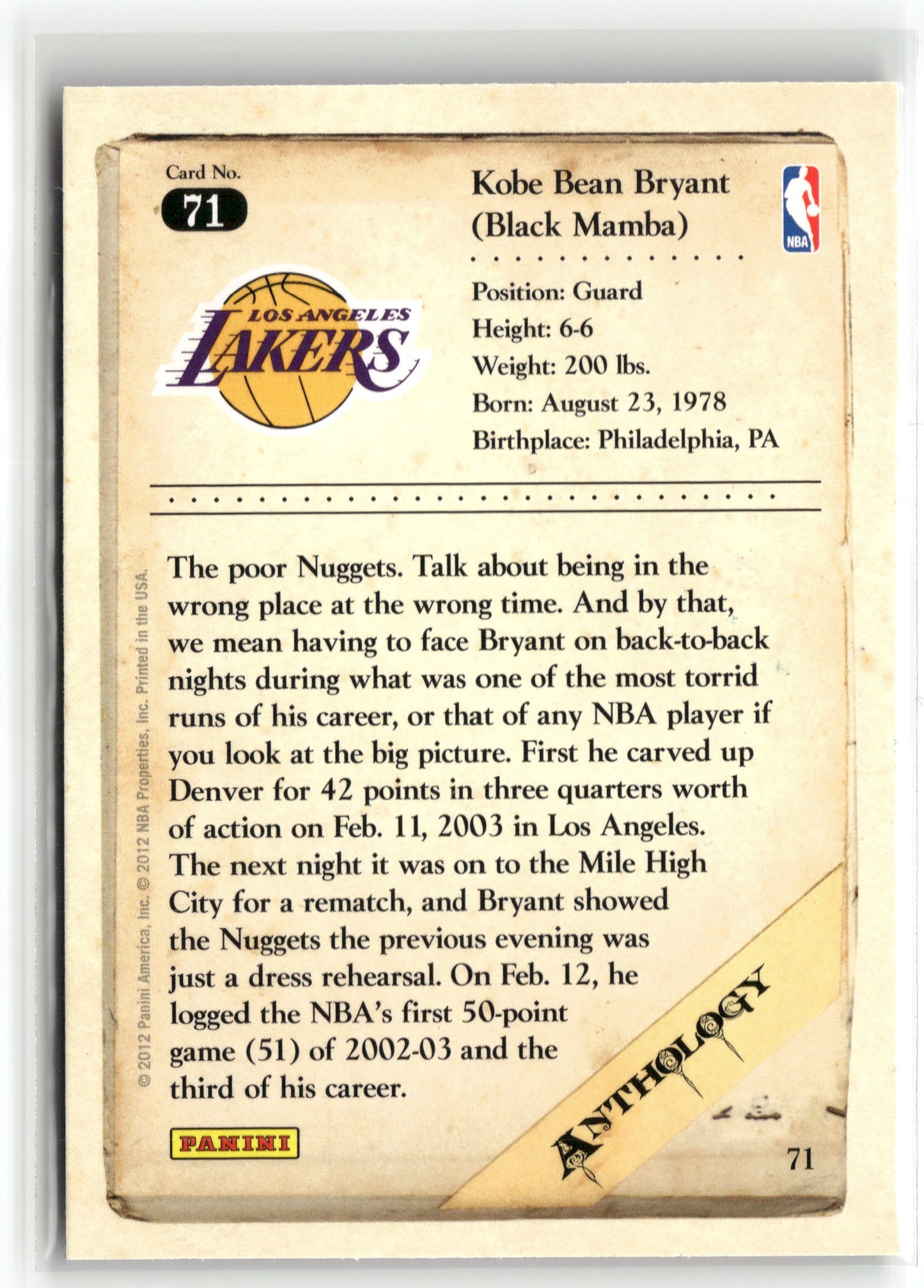 Basketball NBA Kobe Bryant 2012 Panini Kobe Anthology #71 Los Angeles Lakers Trading Card Original