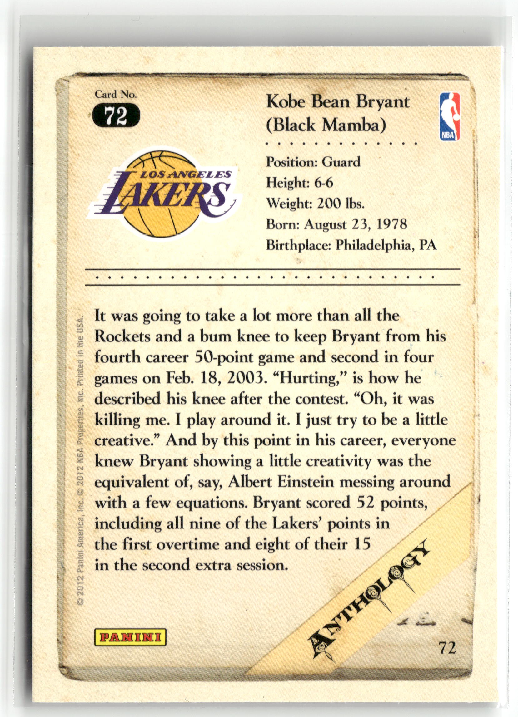 Basketball NBA Kobe Bryant 2012 Panini Kobe Anthology #72 Los Angeles Lakers Trading Card Original