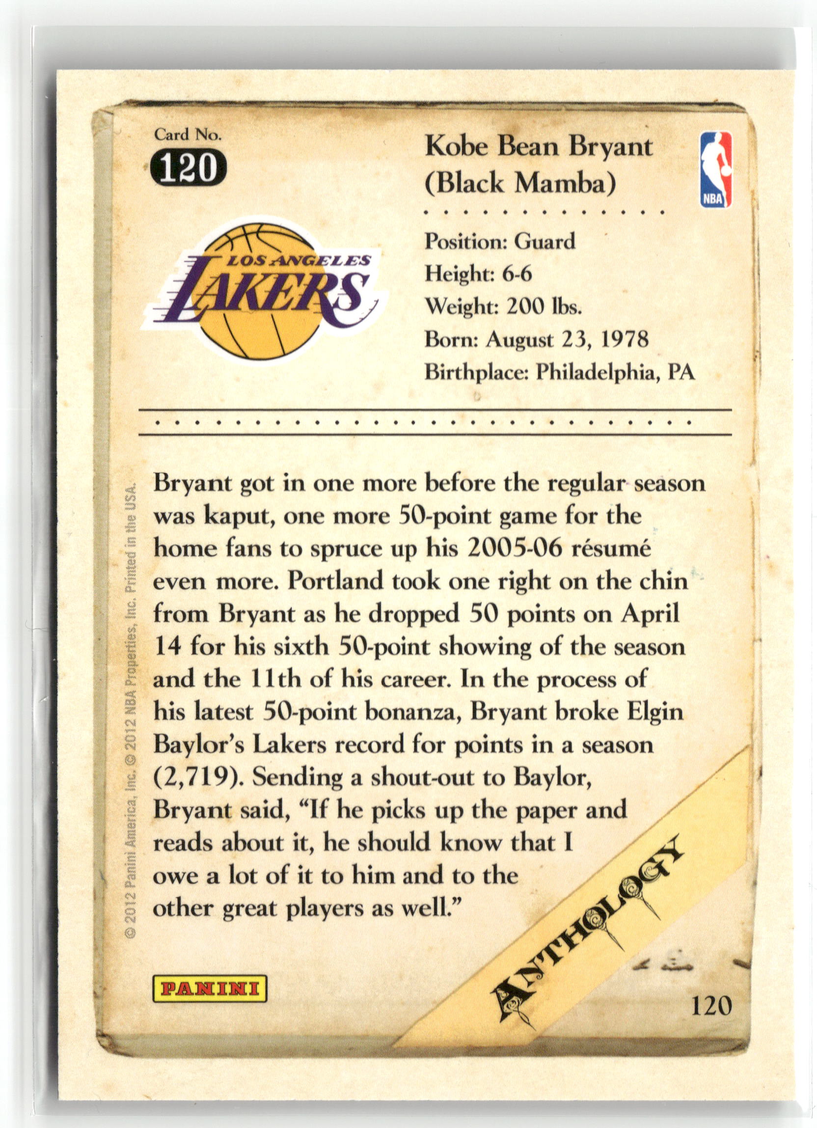 Basketball NBA Kobe Bryant 2012 Panini Kobe Anthology #120 Los Angeles Lakers Trading Card Original