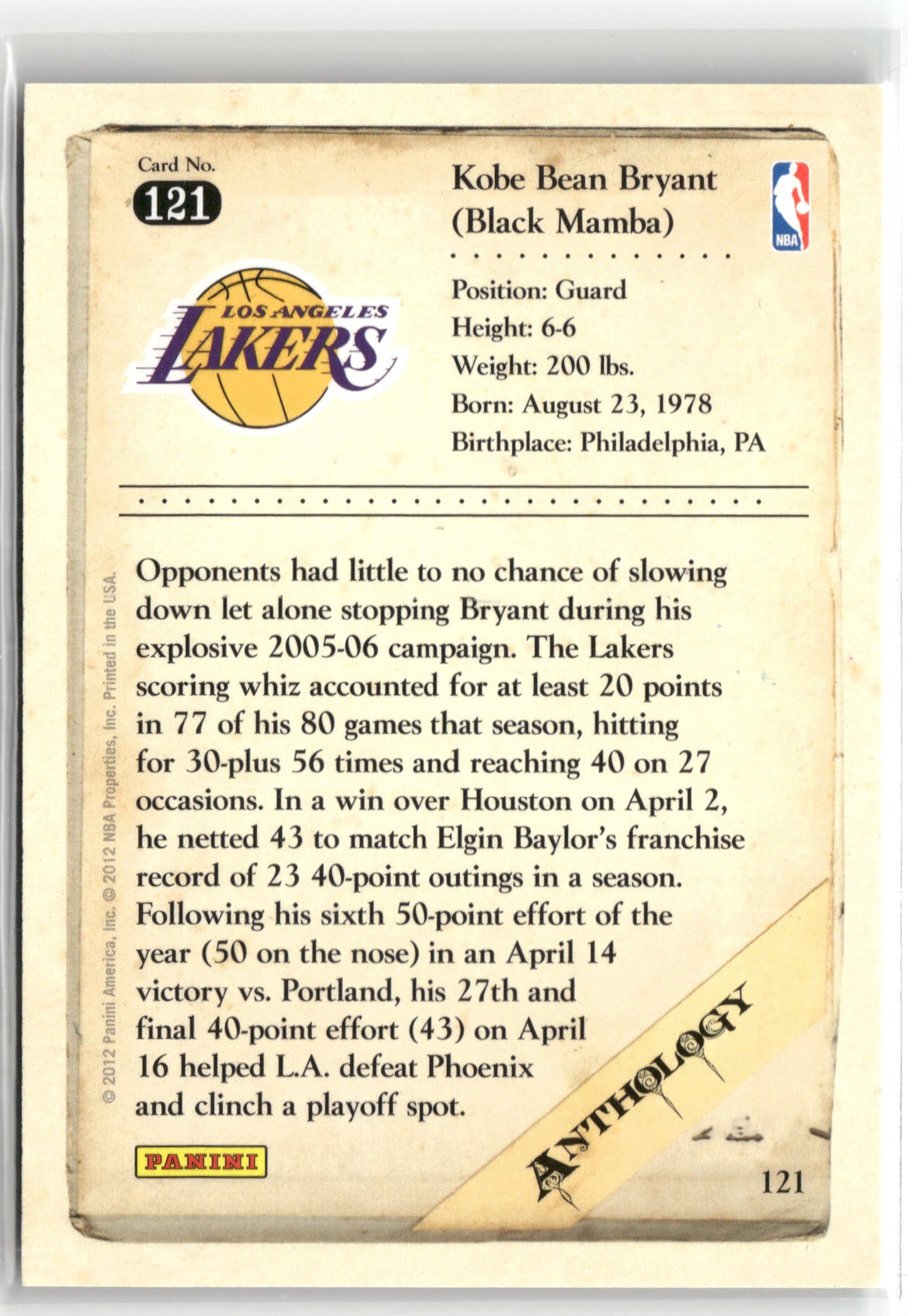 Basketball NBA Kobe Bryant 2012 Panini Kobe Anthology #121 Los Angeles Lakers Trading Card Original