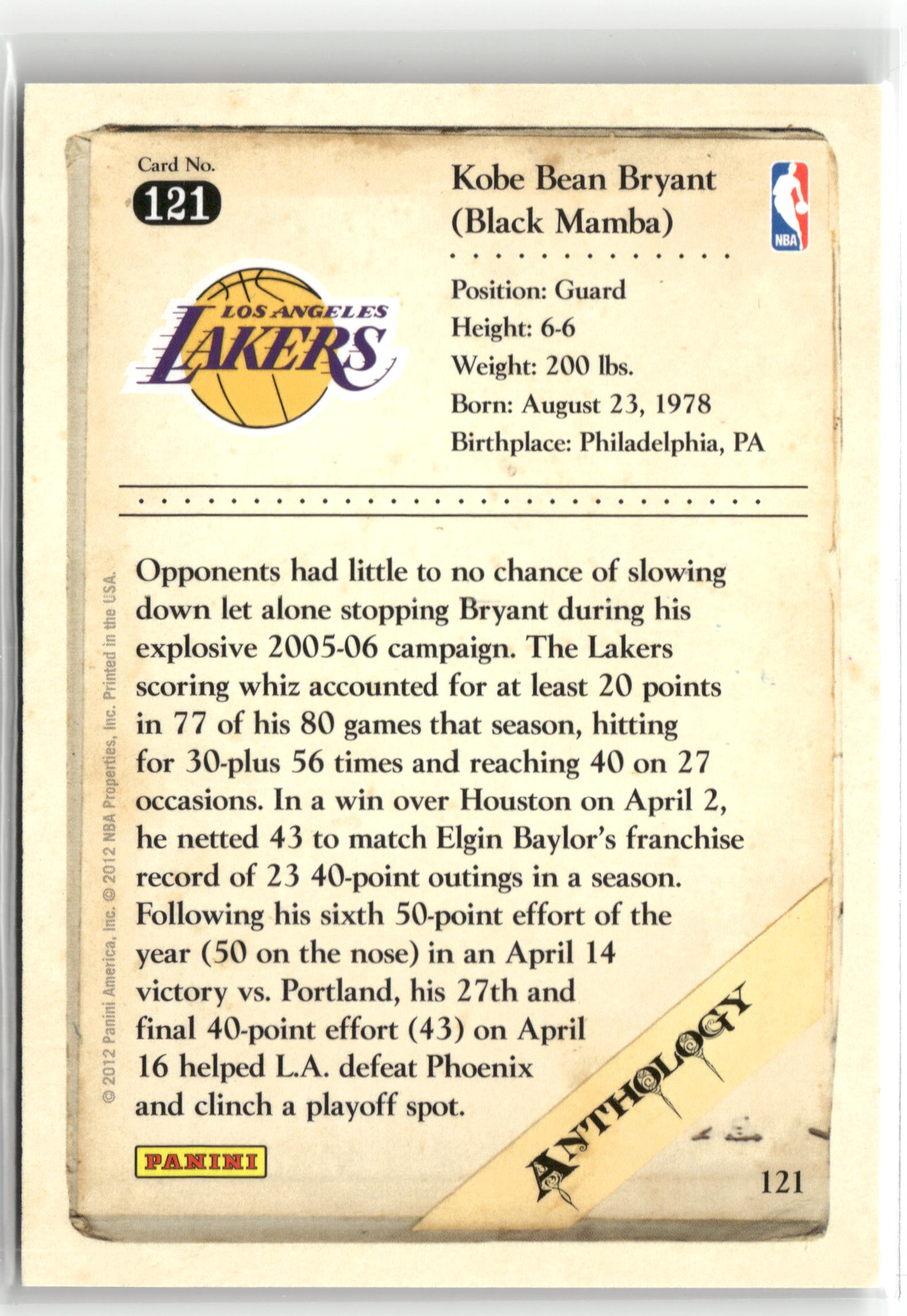 Basketball NBA Kobe Bryant 2012 Panini Kobe Anthology #121 Los Angeles Lakers Trading Card Original