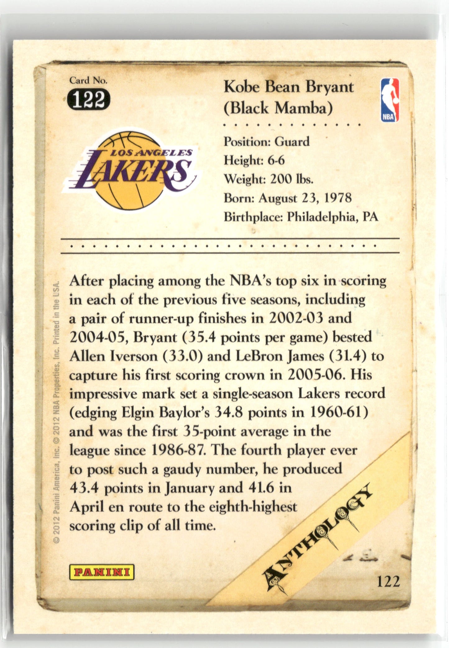 Basketball NBA Kobe Bryant 2012 Panini Kobe Anthology #122 Los Angeles Lakers Trading Card Original