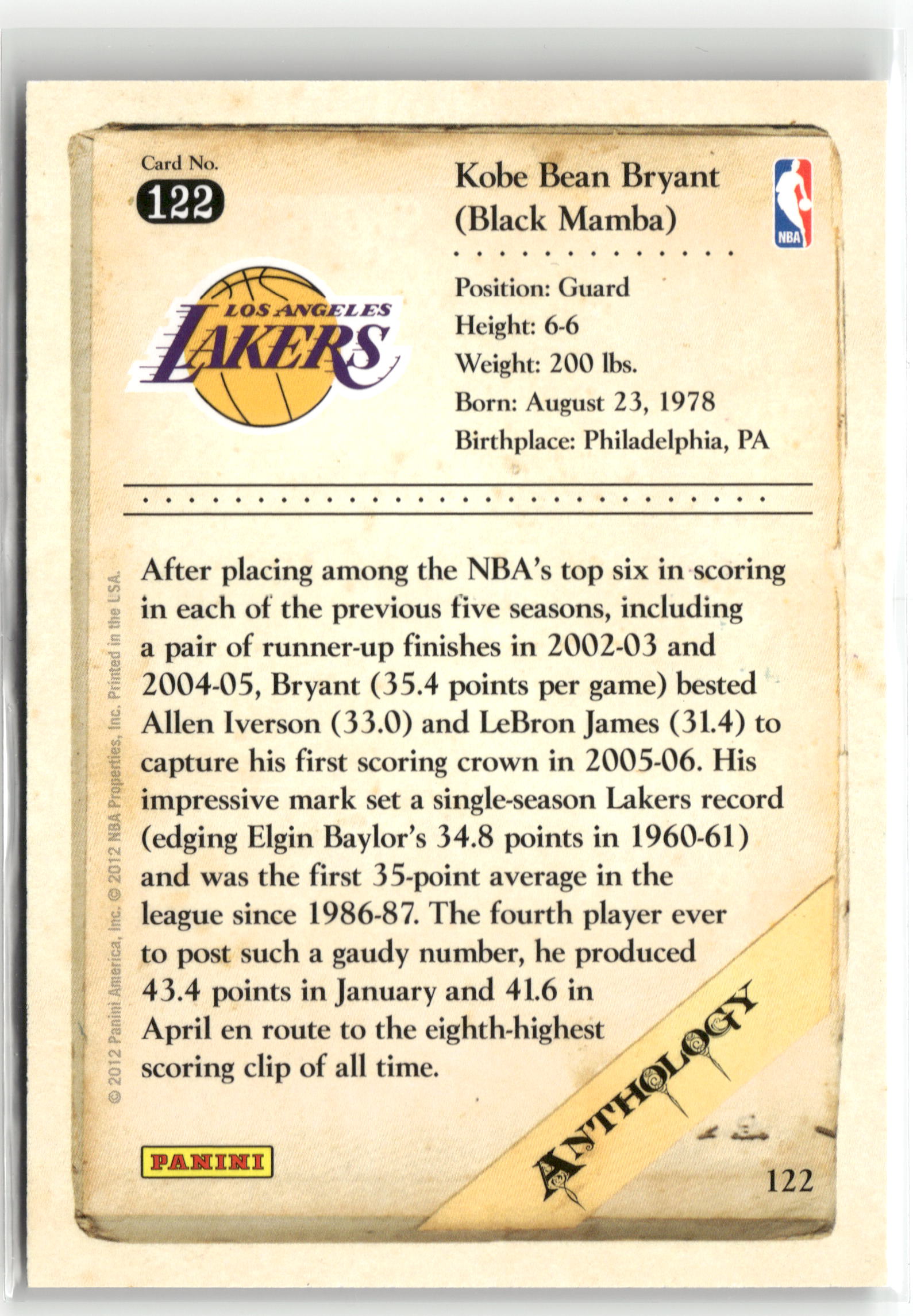 Basketball NBA Kobe Bryant 2012 Panini Kobe Anthology #122 Los Angeles Lakers Trading Card Original