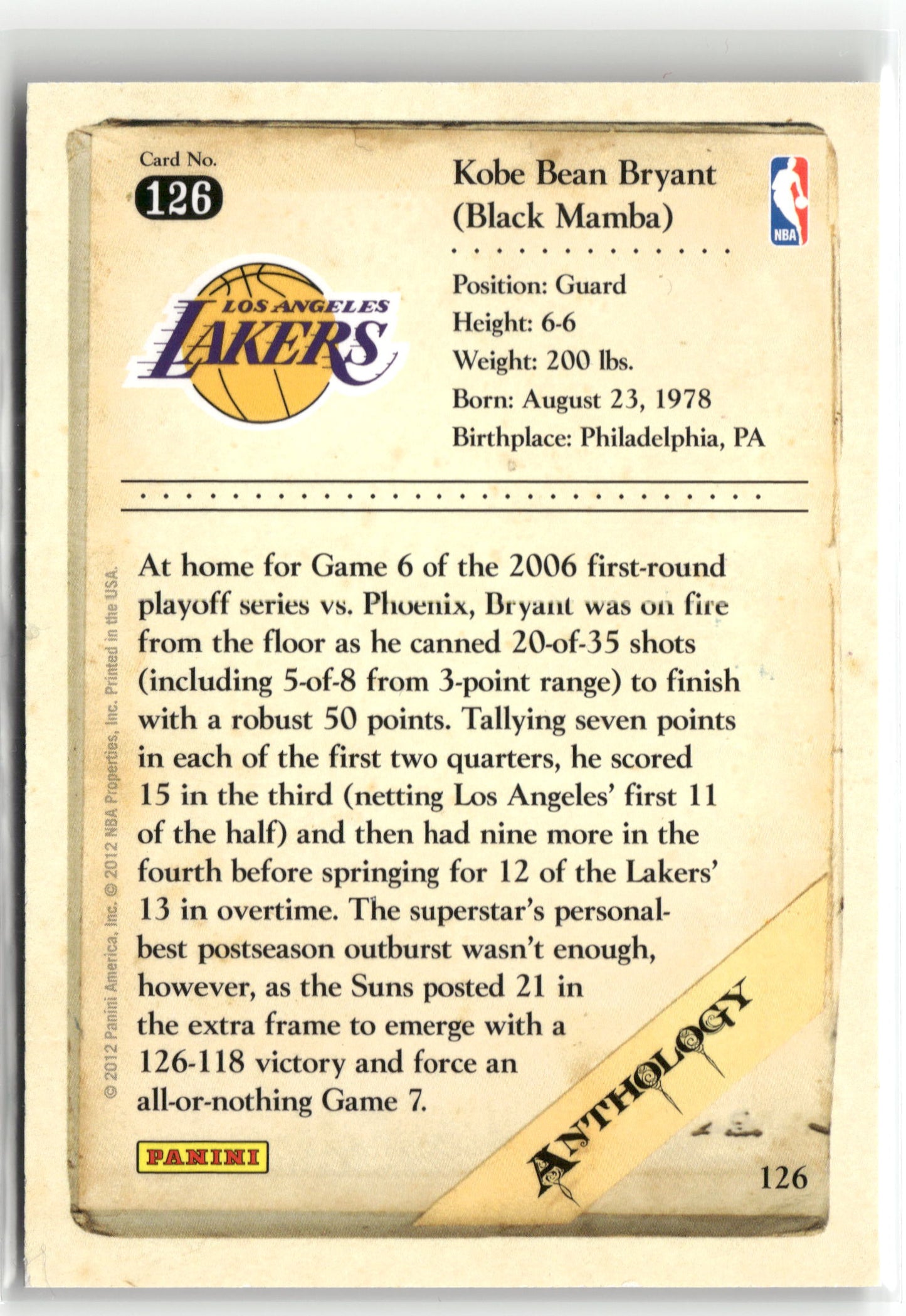Basketball NBA Kobe Bryant 2012 Panini Kobe Anthology #126 Los Angeles Lakers Trading Card Original